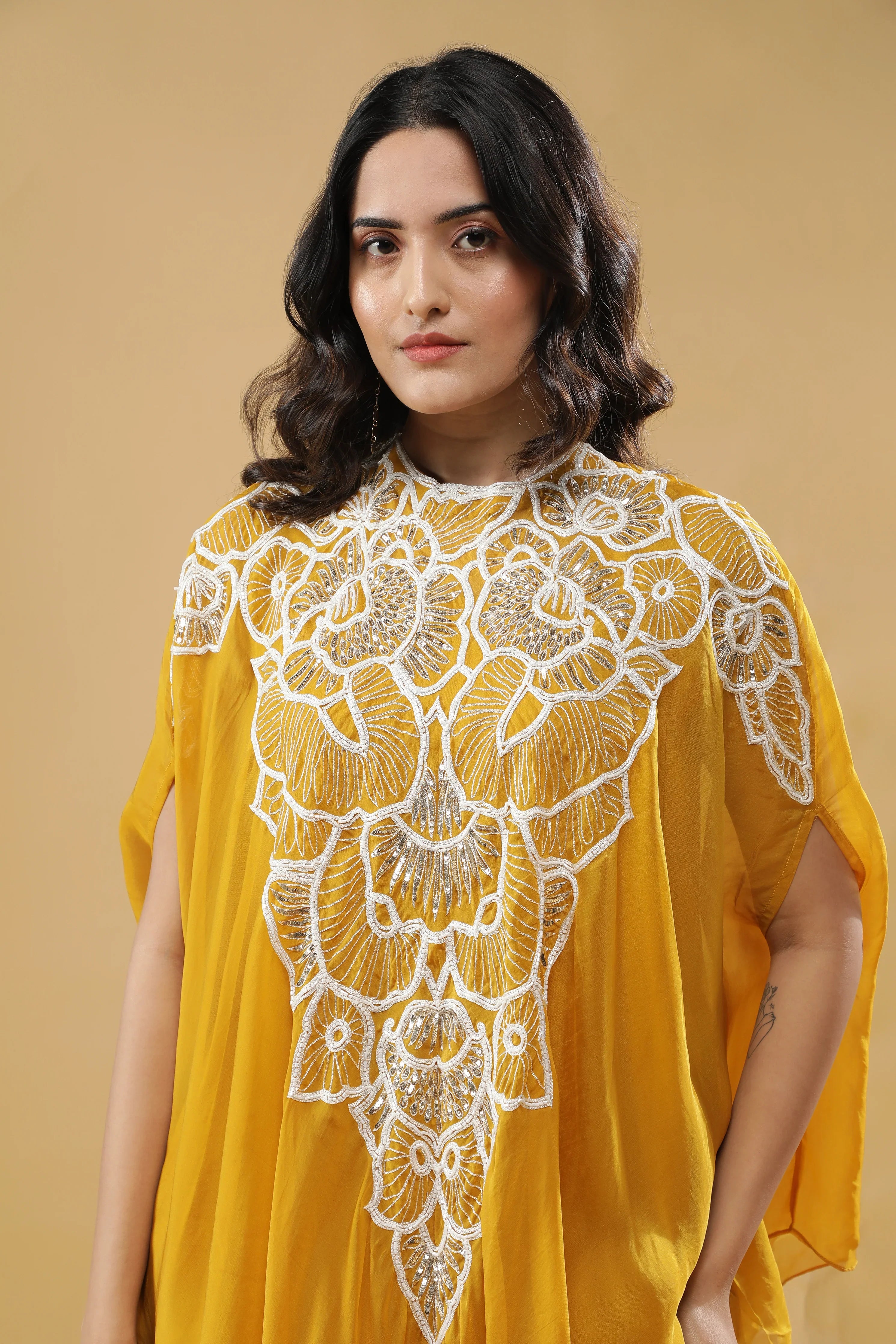 Yellow Organza Cape Set - Mokshaa