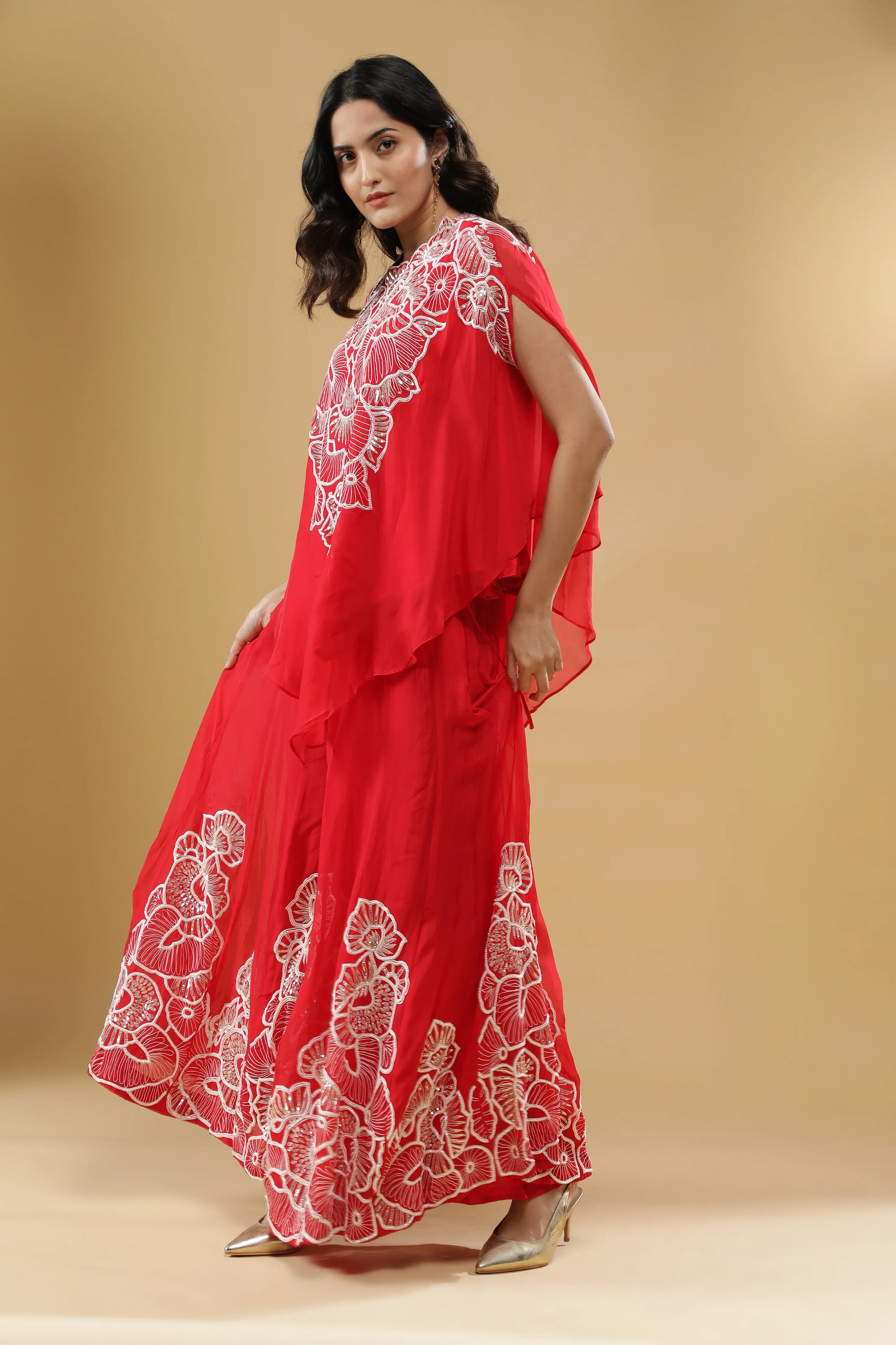 Red Organza Cape Set - Mokshaa