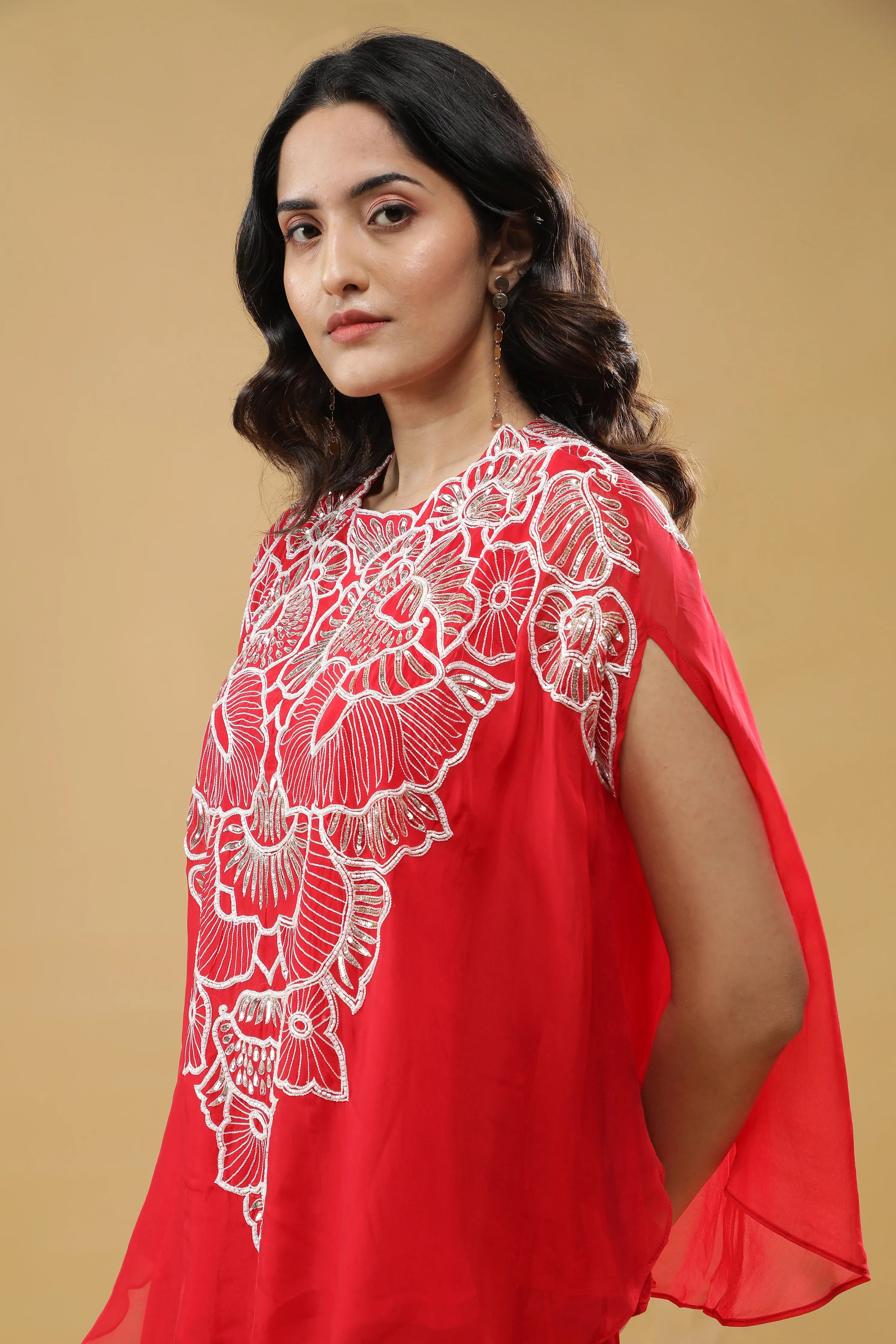 Red Organza Cape Set - Mokshaa