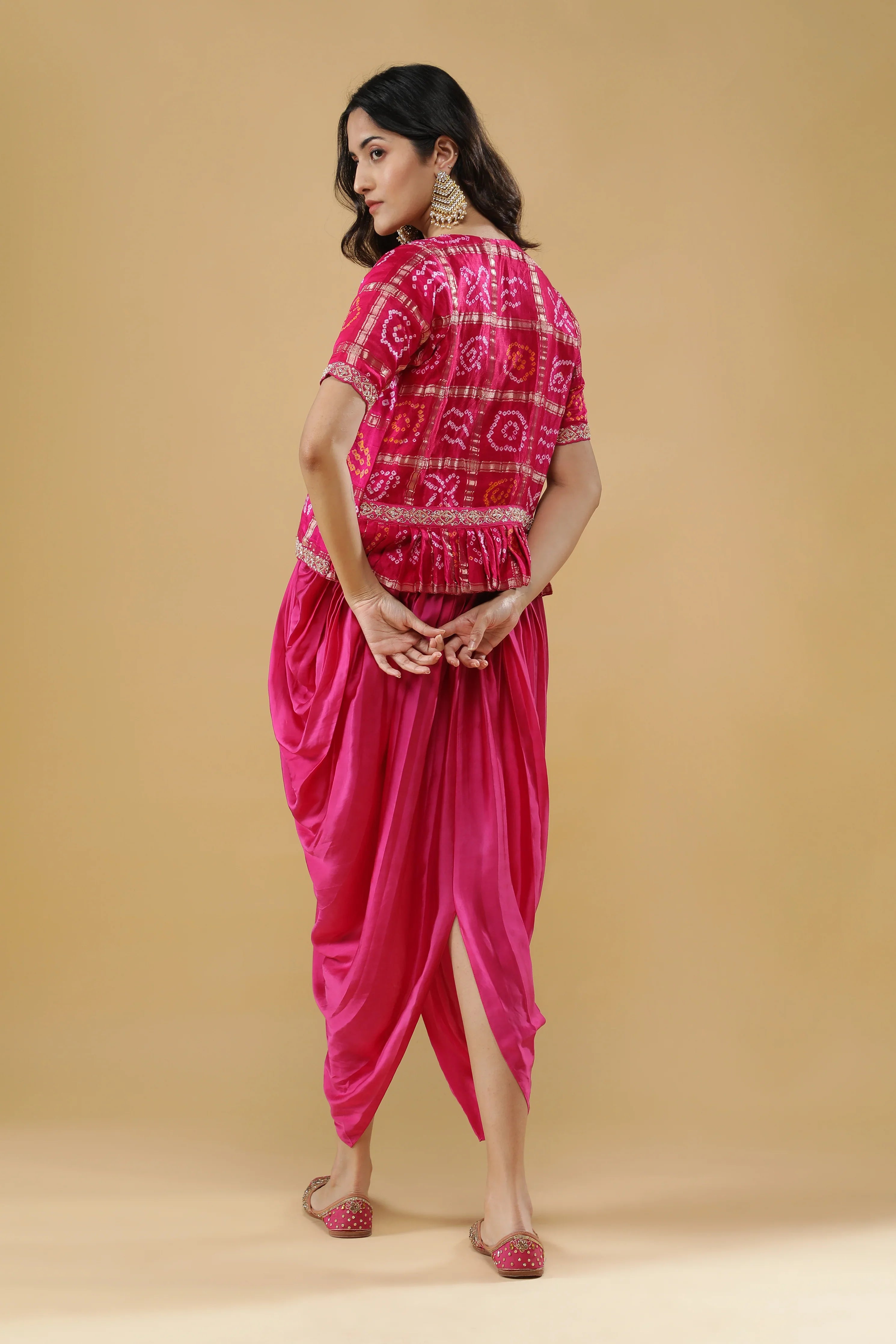 Pink Satin Silk Drape Gown with Bandhej Jacket - Mokshaa