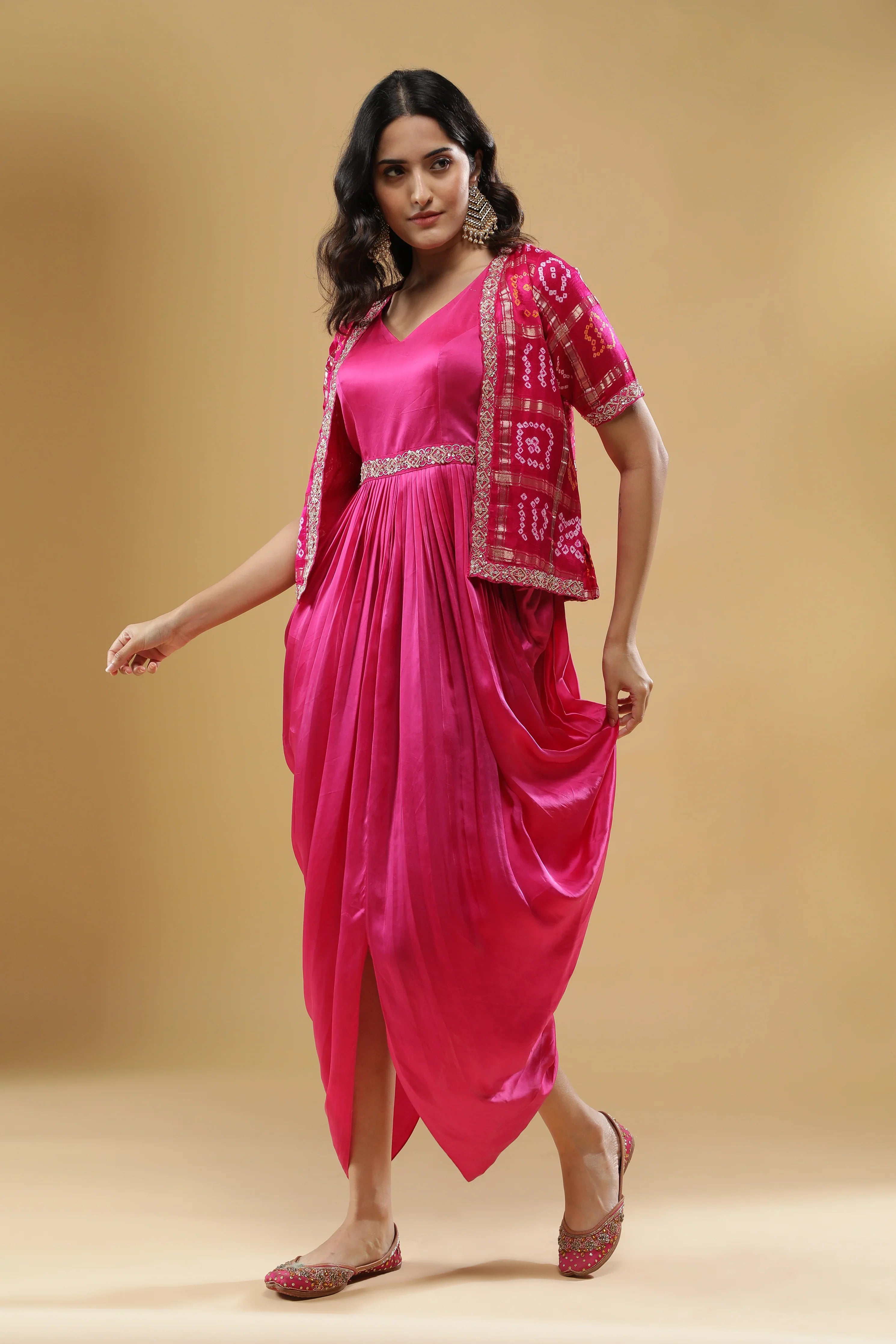 Pink Satin Silk Drape Gown with Bandhej Jacket - Mokshaa