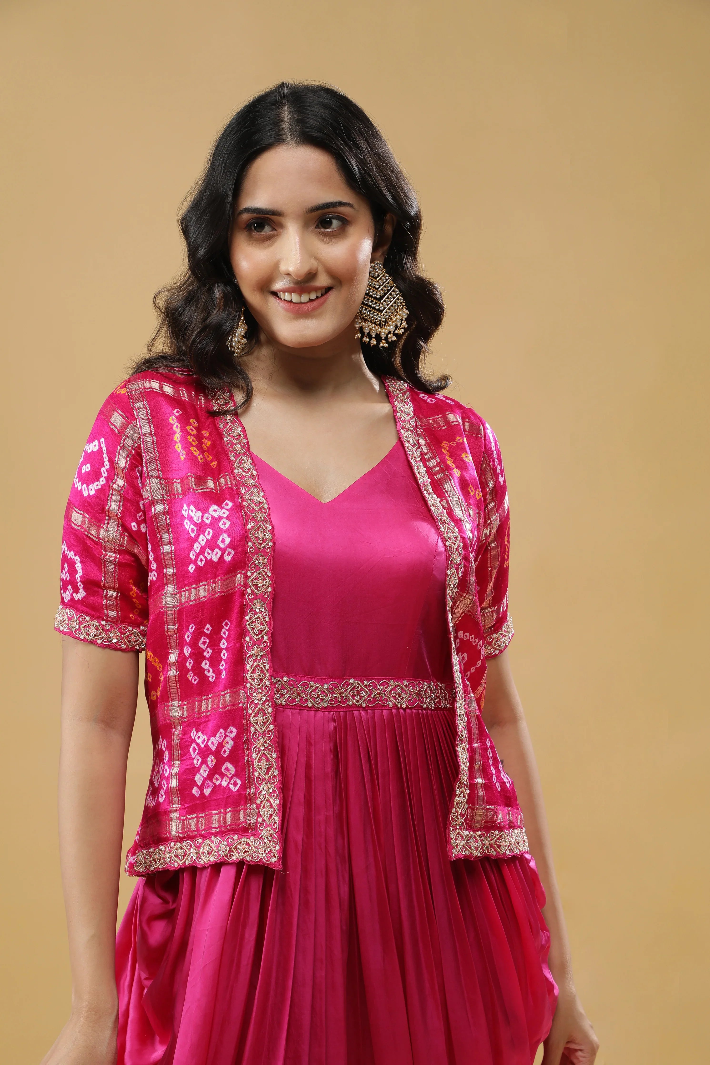 Pink Satin Silk Drape Gown with Bandhej Jacket - Mokshaa