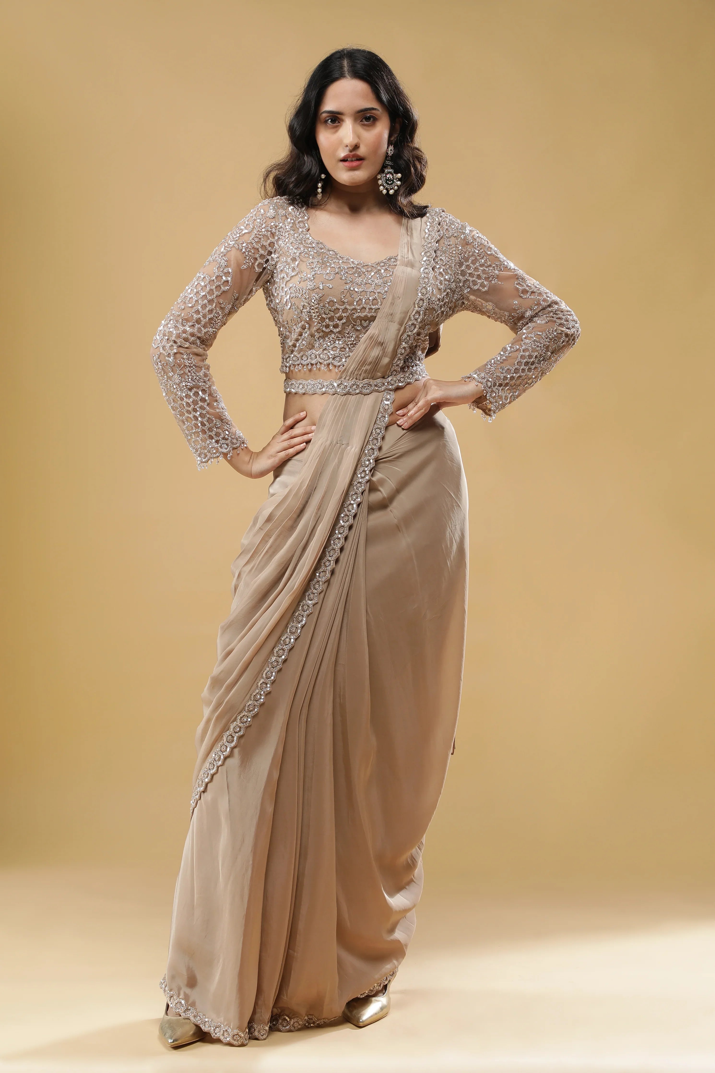 Champagne Gold Drape Saree - Mokshaa