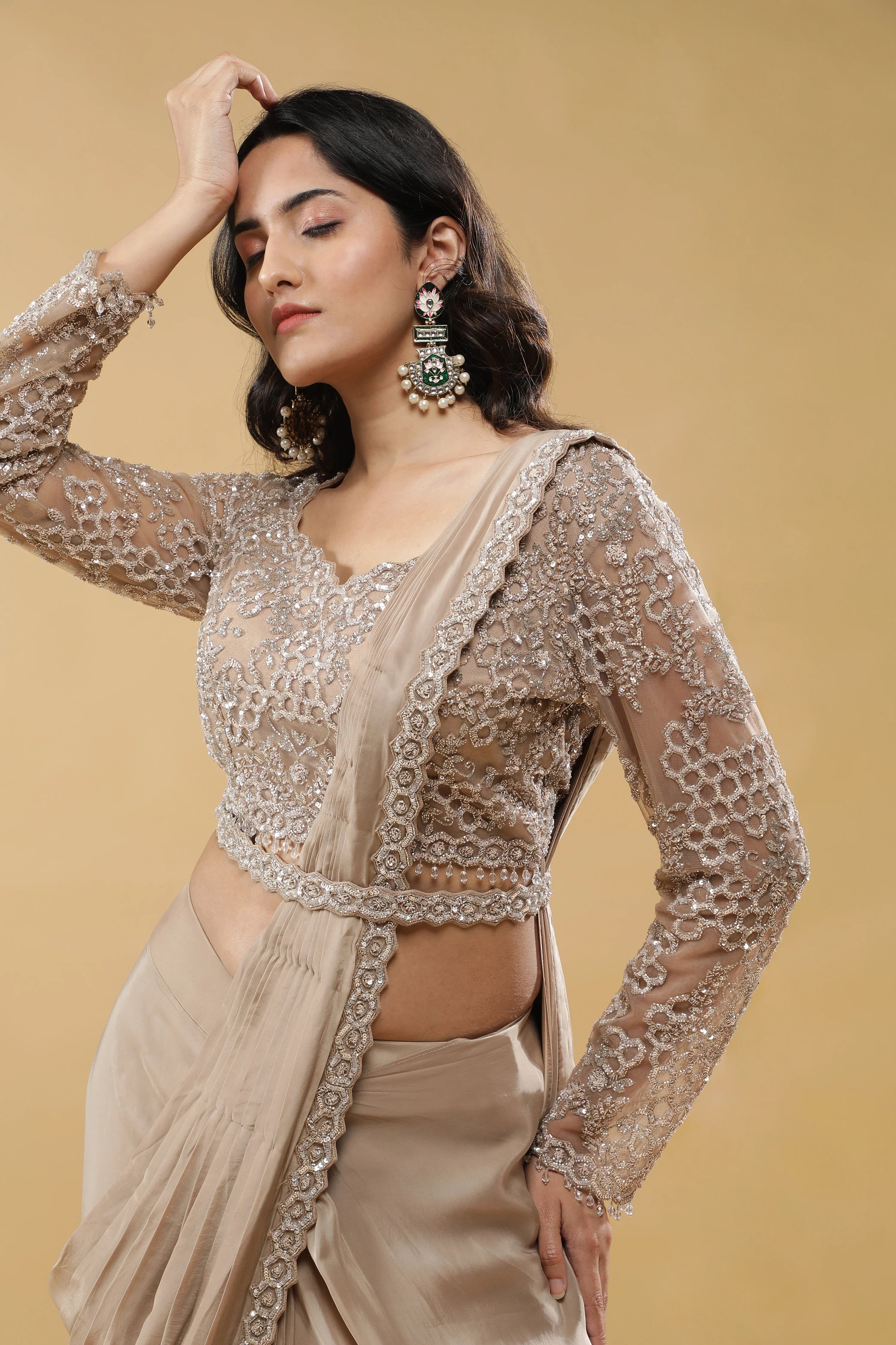 Champagne Gold Drape Saree - Mokshaa