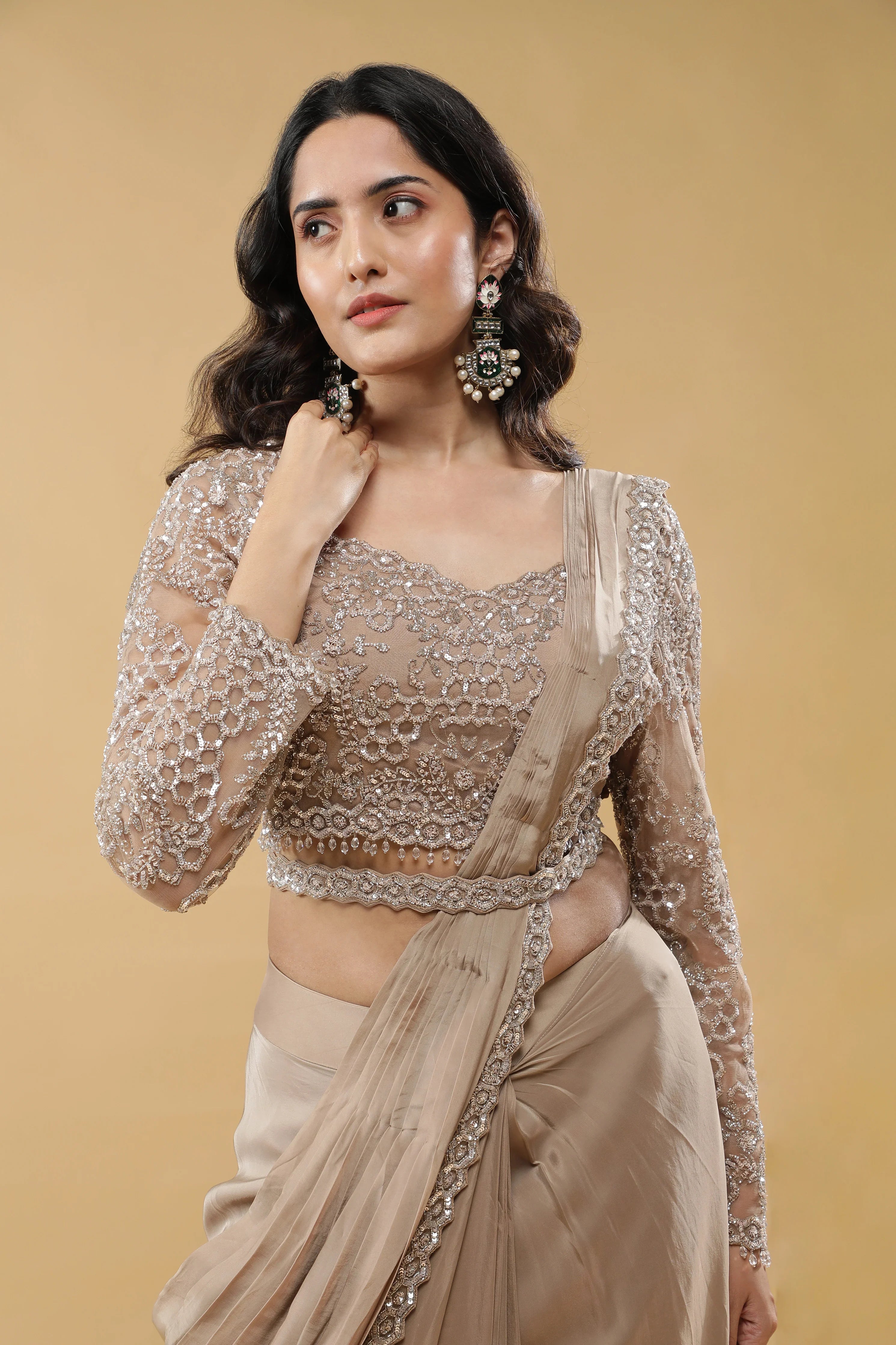 Champagne Gold Drape Saree - Mokshaa