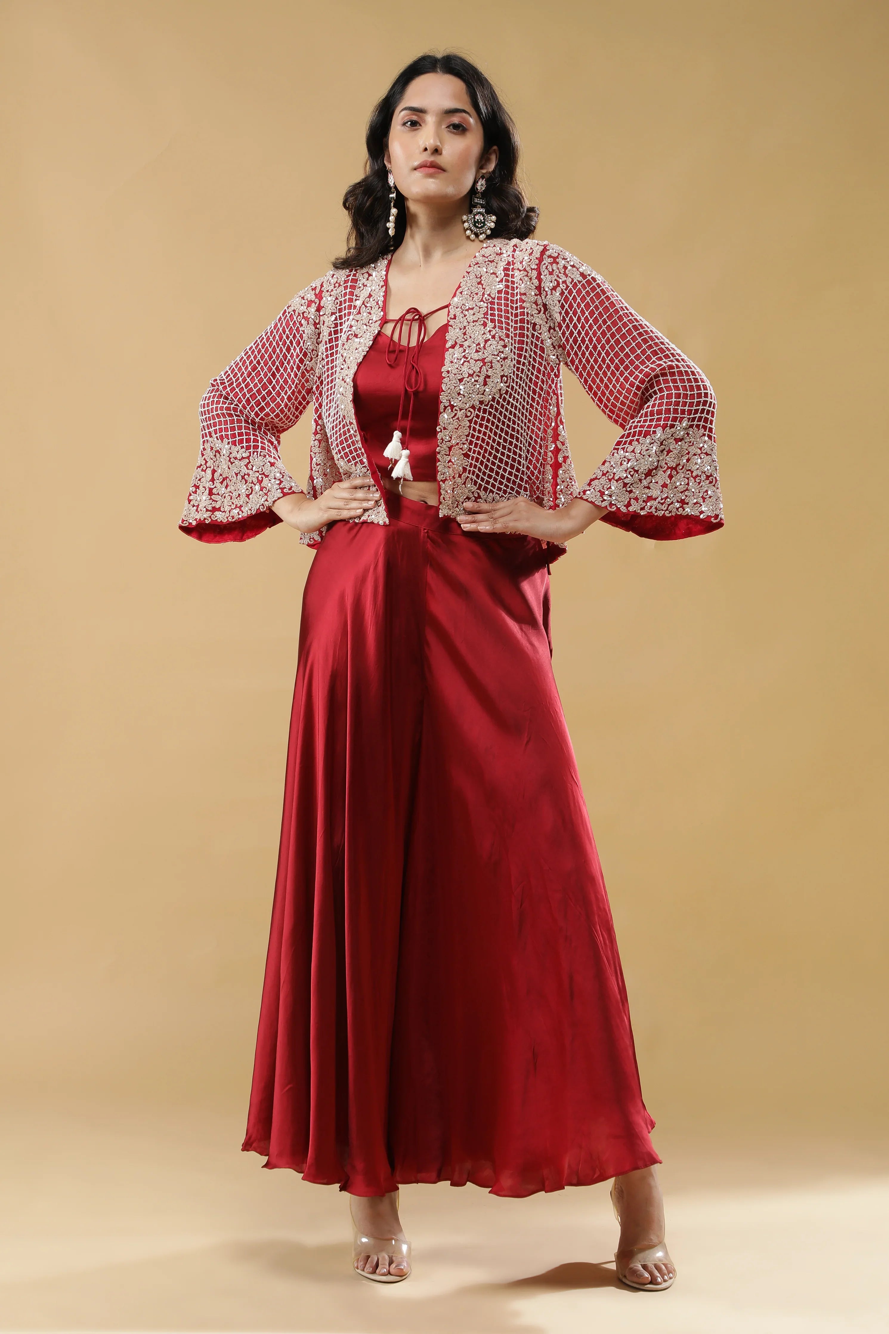 Red Satin Palazzo Set with Embroidered Cape - Mokshaa