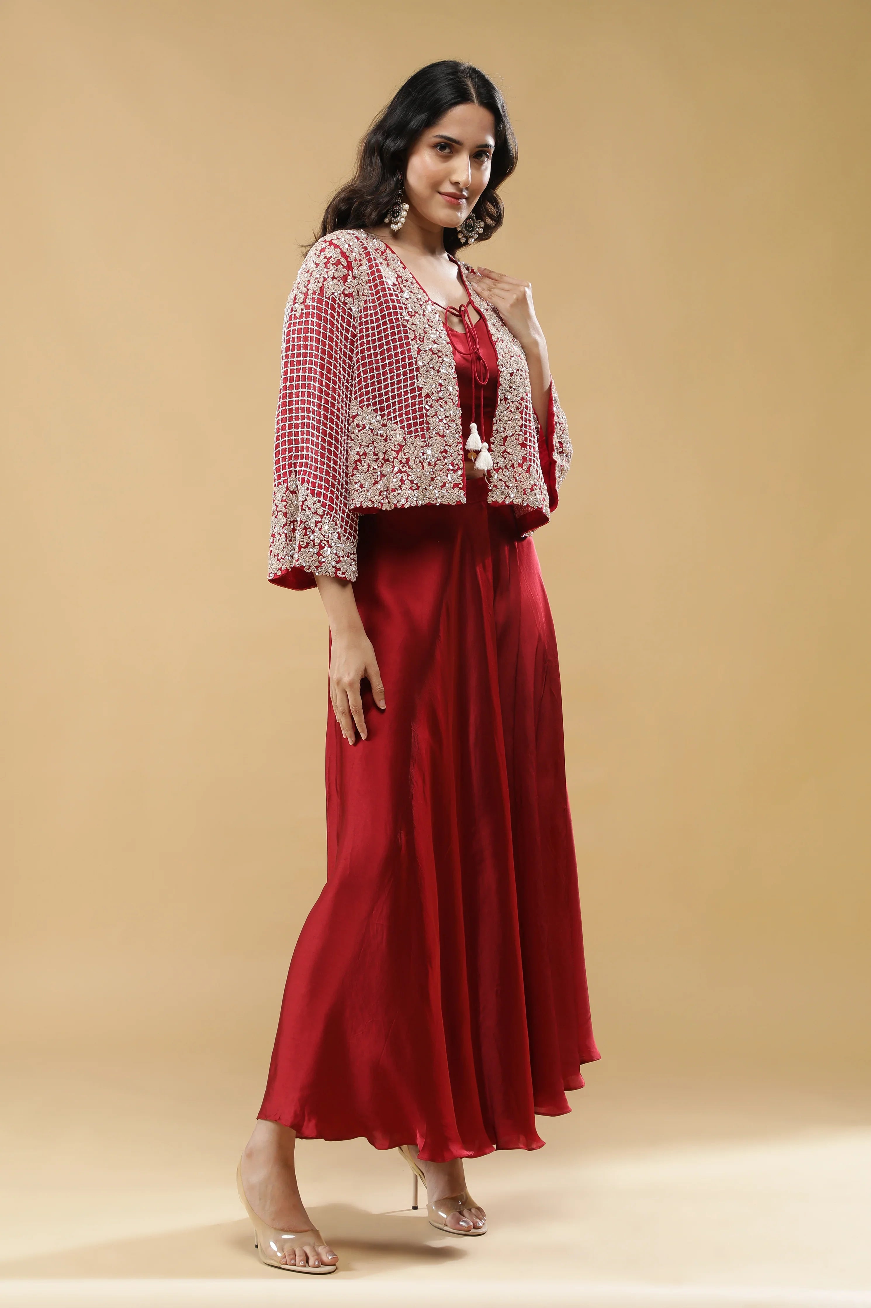 Red Satin Palazzo Set with Embroidered Cape - Mokshaa