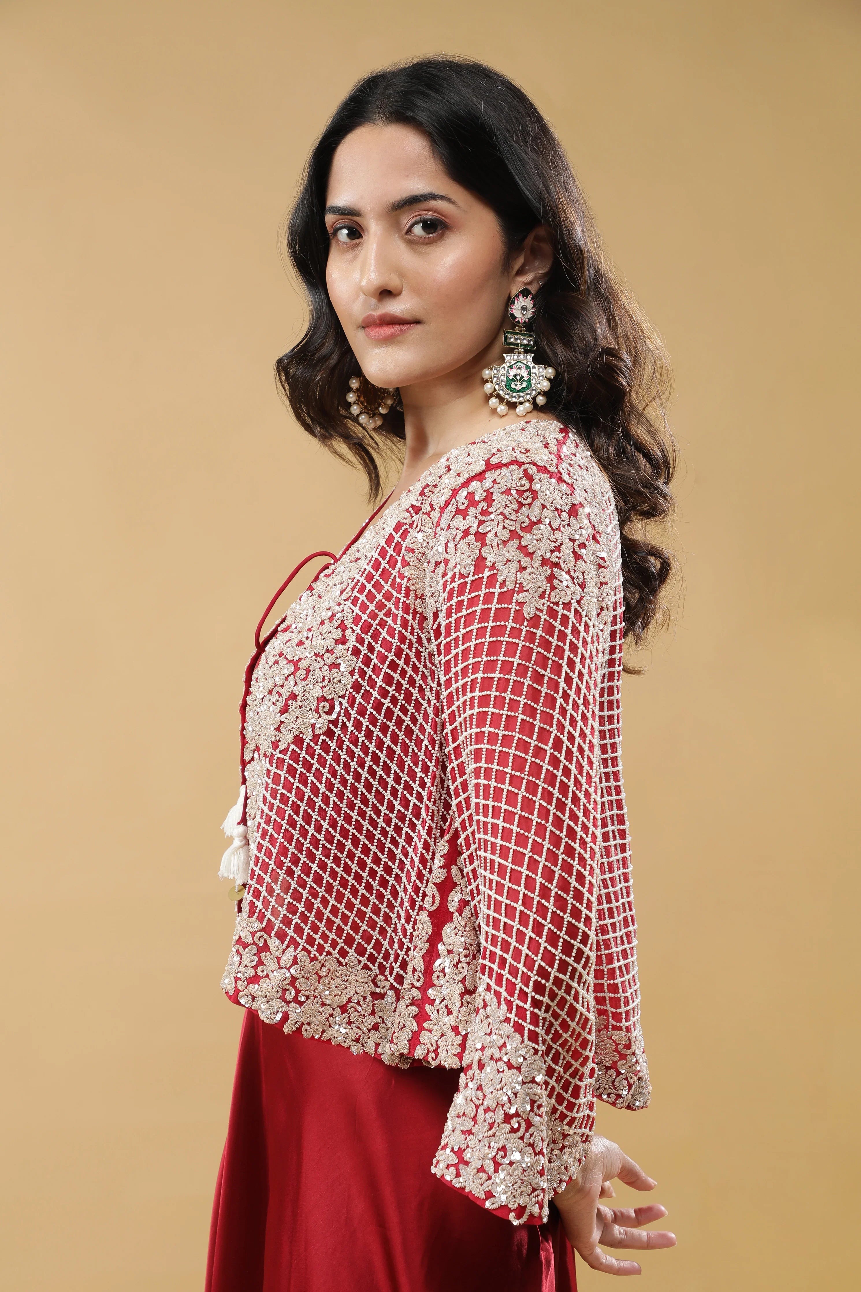 Red Satin Palazzo Set with Embroidered Cape - Mokshaa