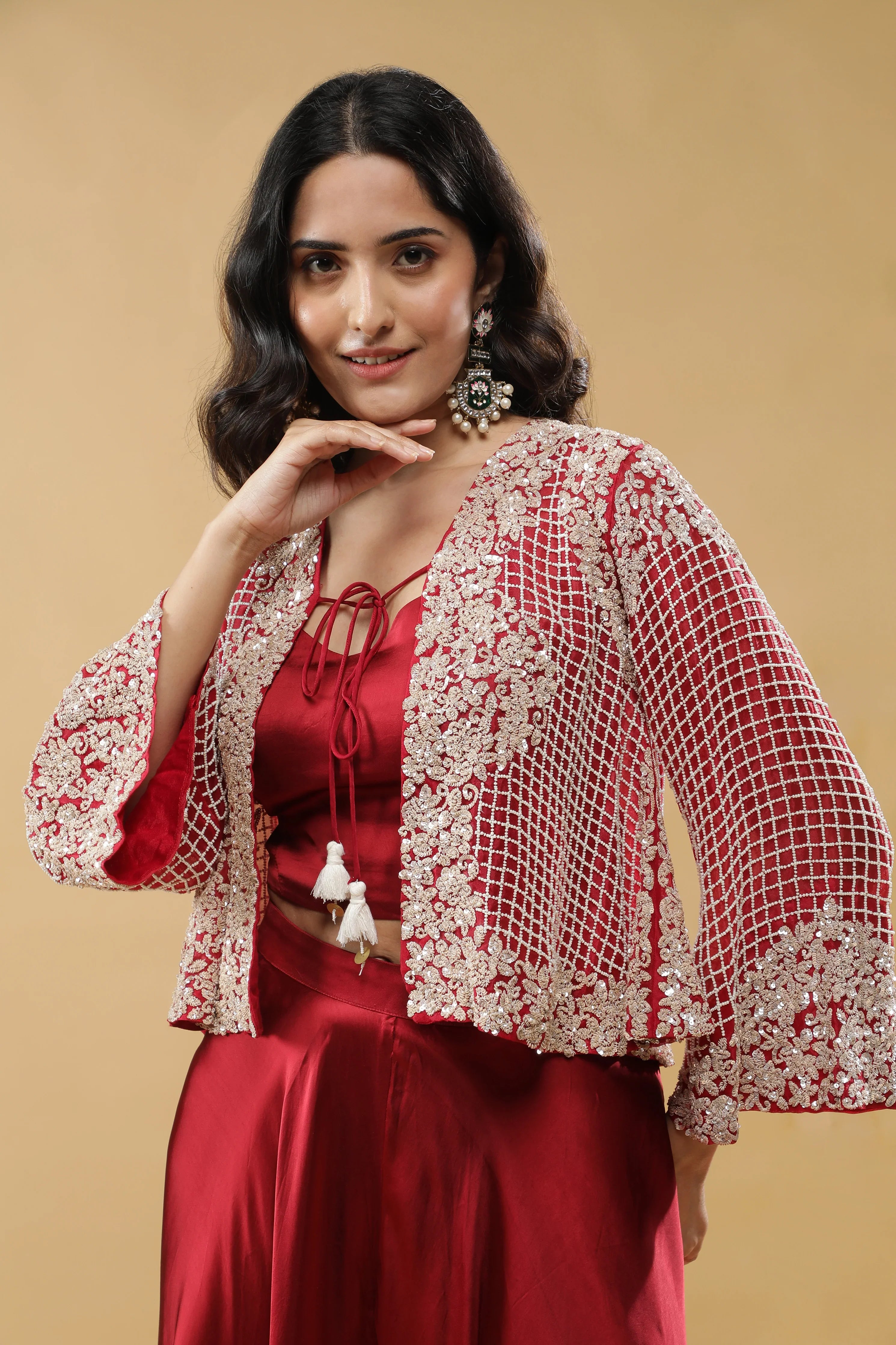 Red Satin Palazzo Set with Embroidered Cape - Mokshaa