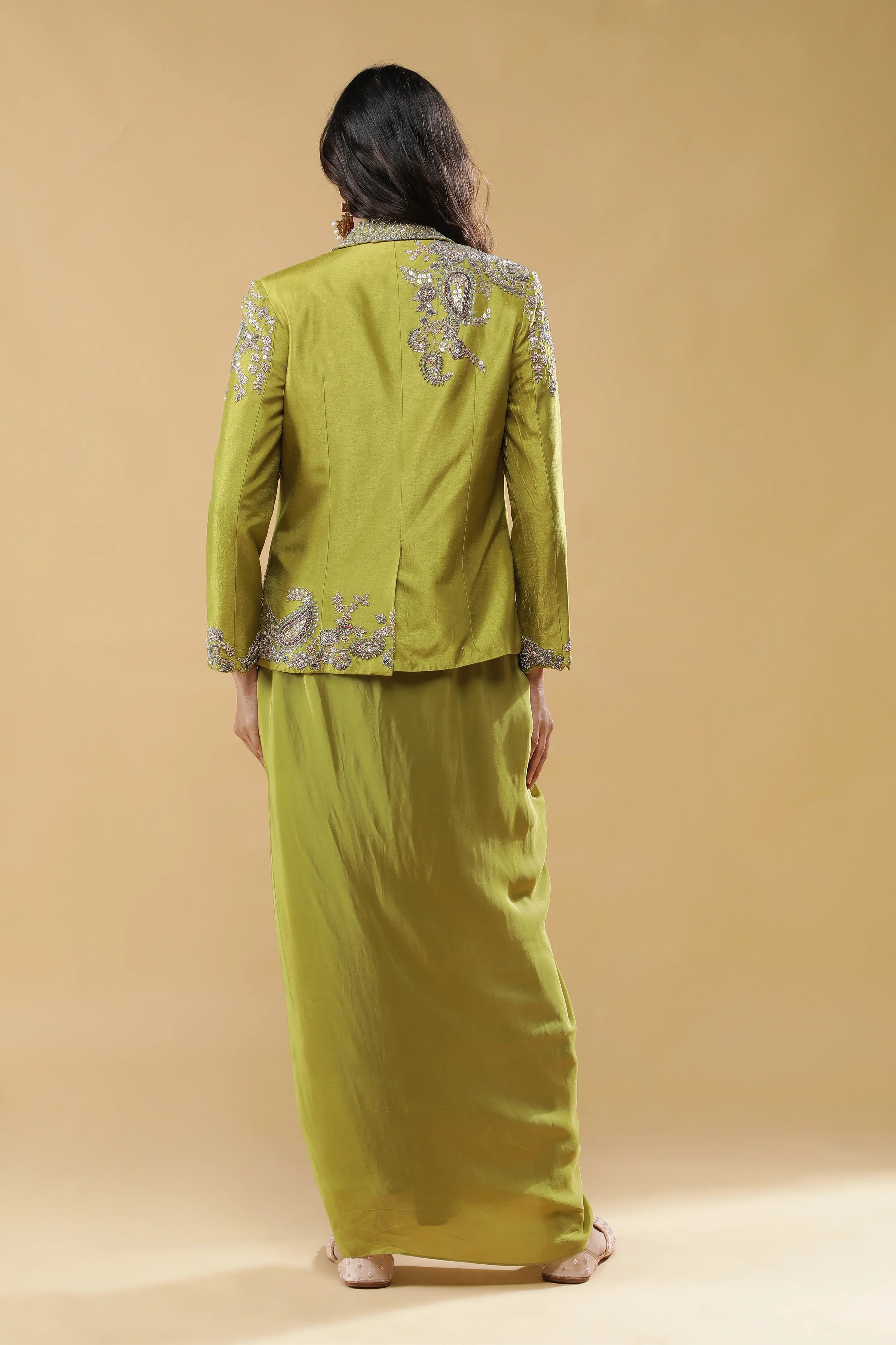 Lime Green Silk Indo-Western Blazer Set - Mokshaa