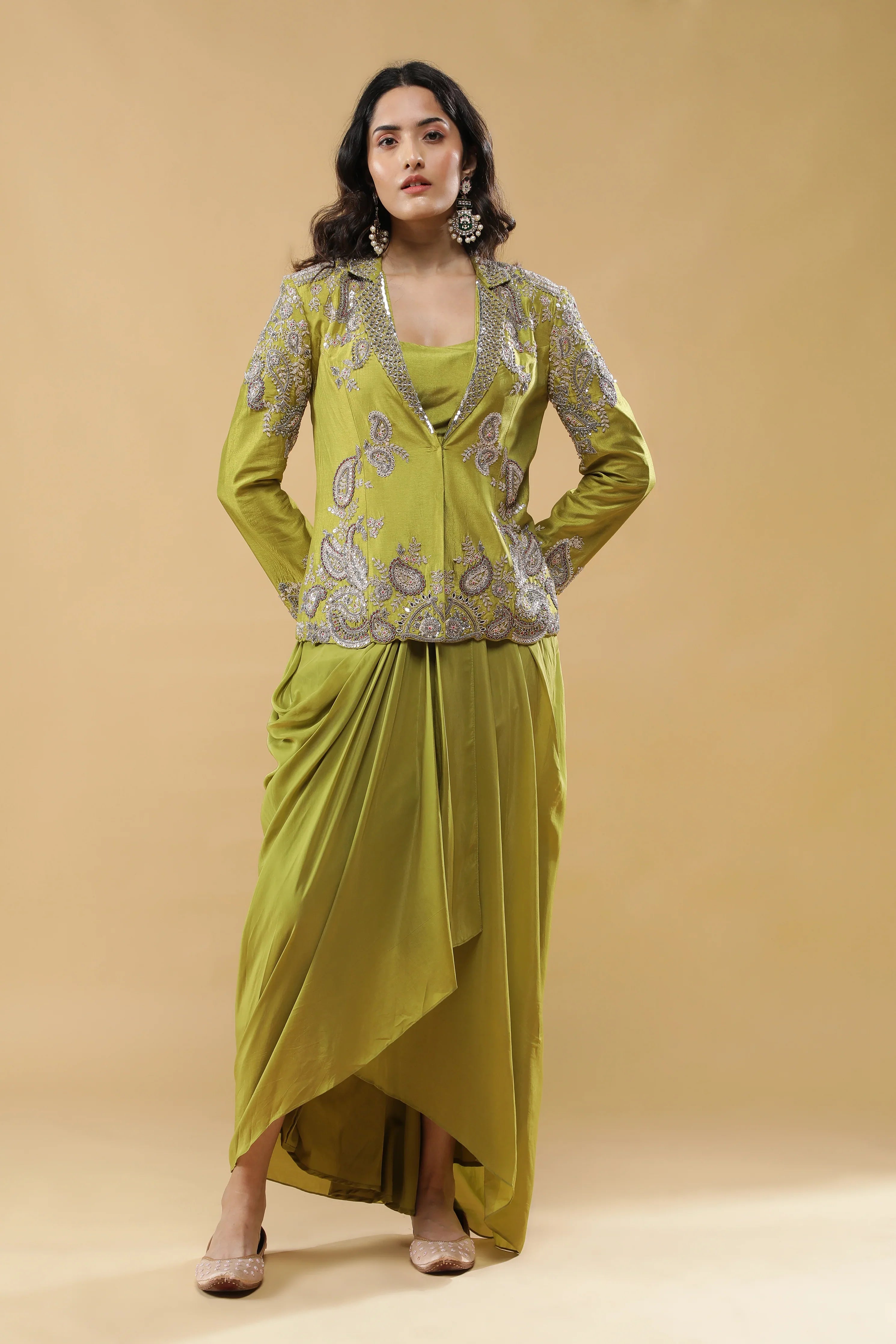 Lime Green Silk Indo-Western Blazer Set - Mokshaa