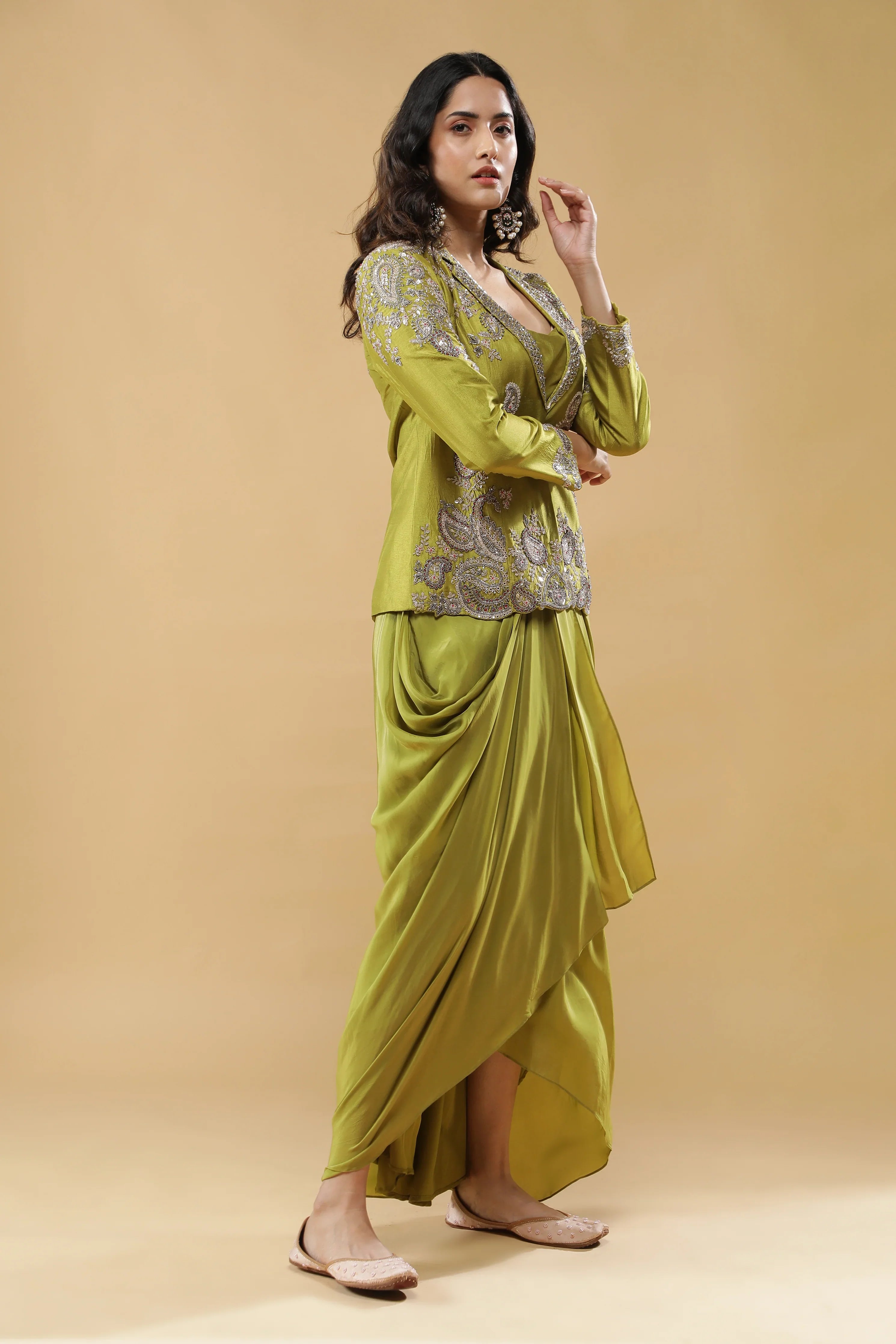 Lime Green Silk Indo-Western Blazer Set - Mokshaa