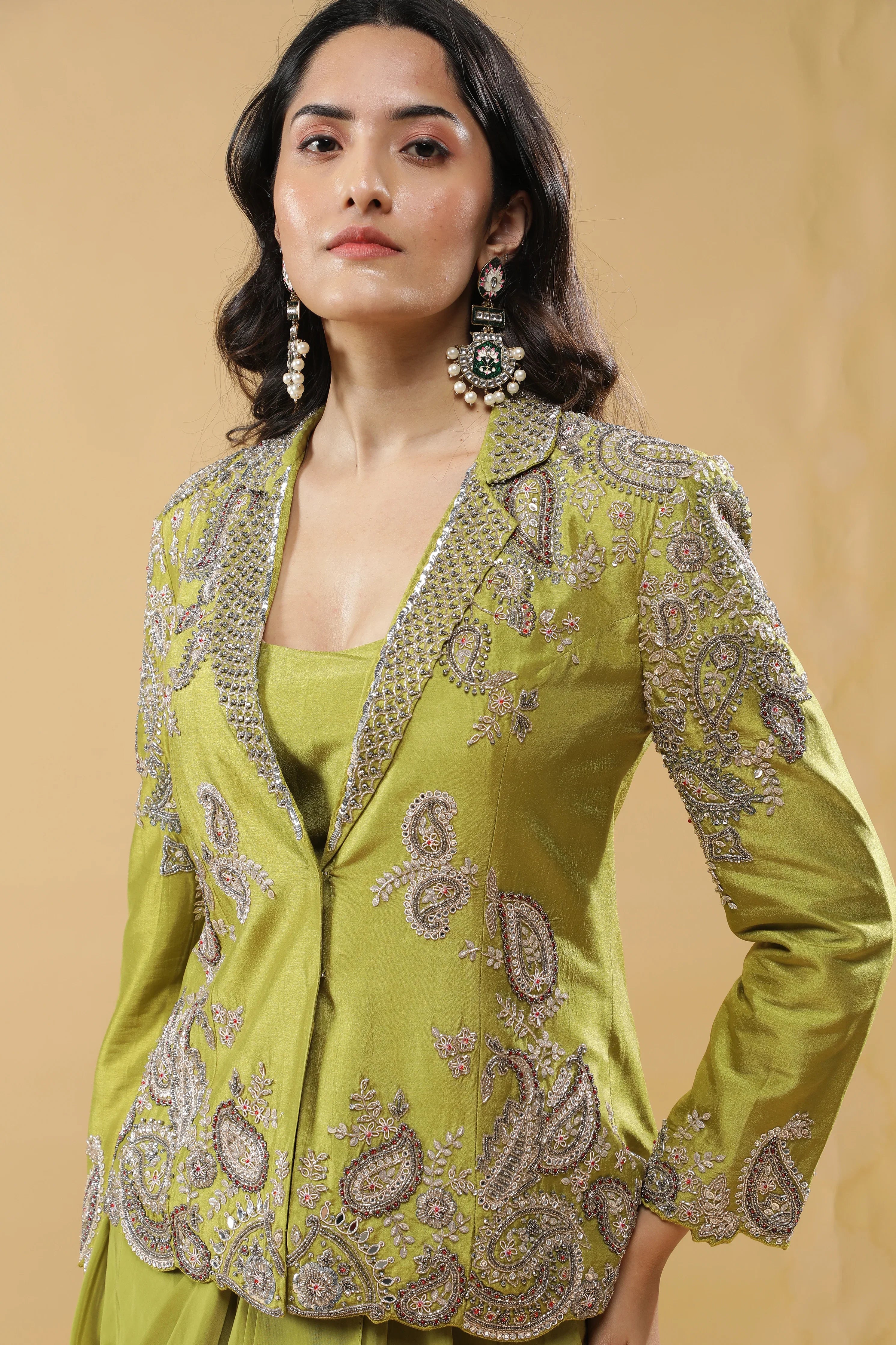 Lime Green Silk Indo-Western Blazer Set - Mokshaa