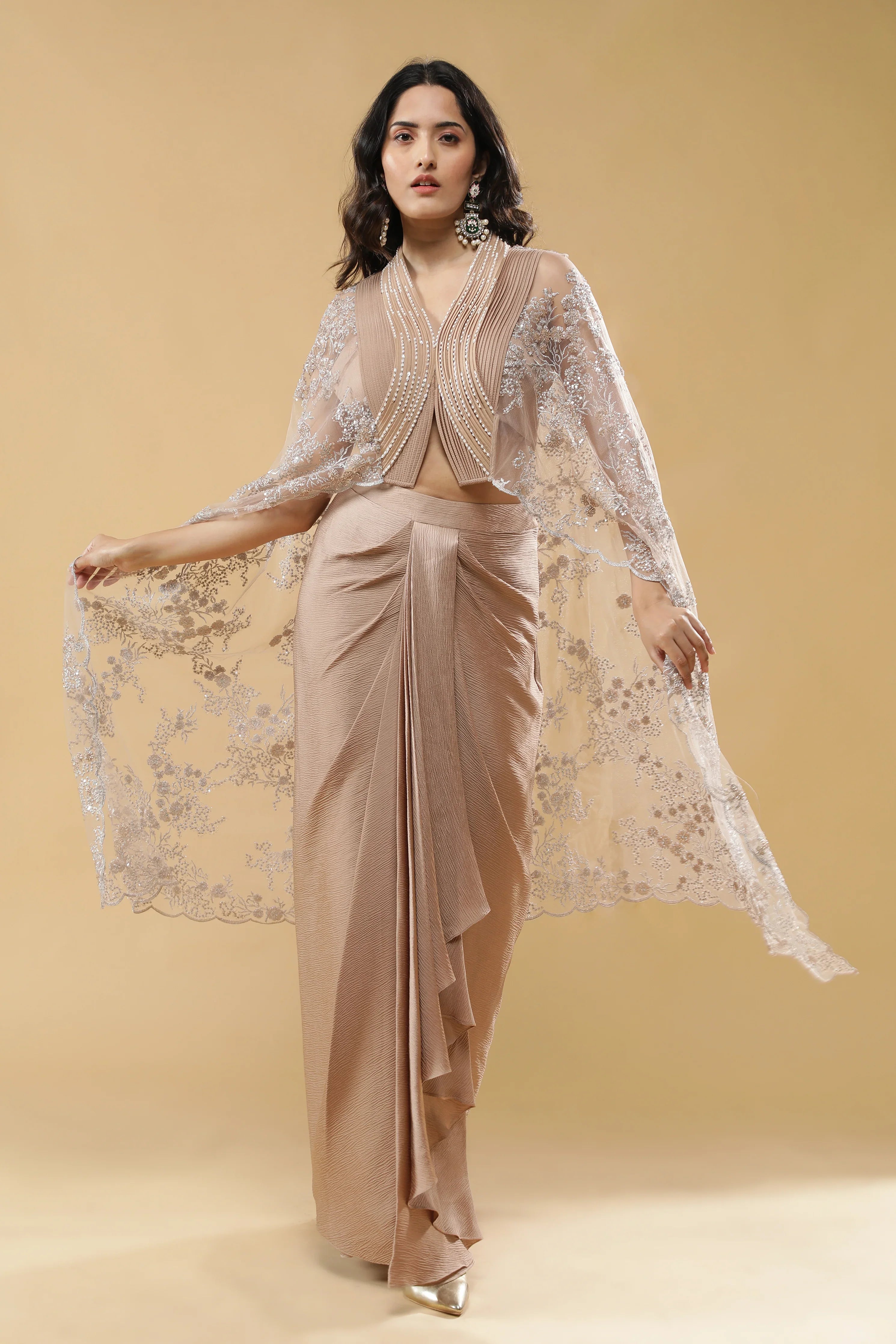 Champagne Gold Crushed Silk Skirt Set - Mokshaa