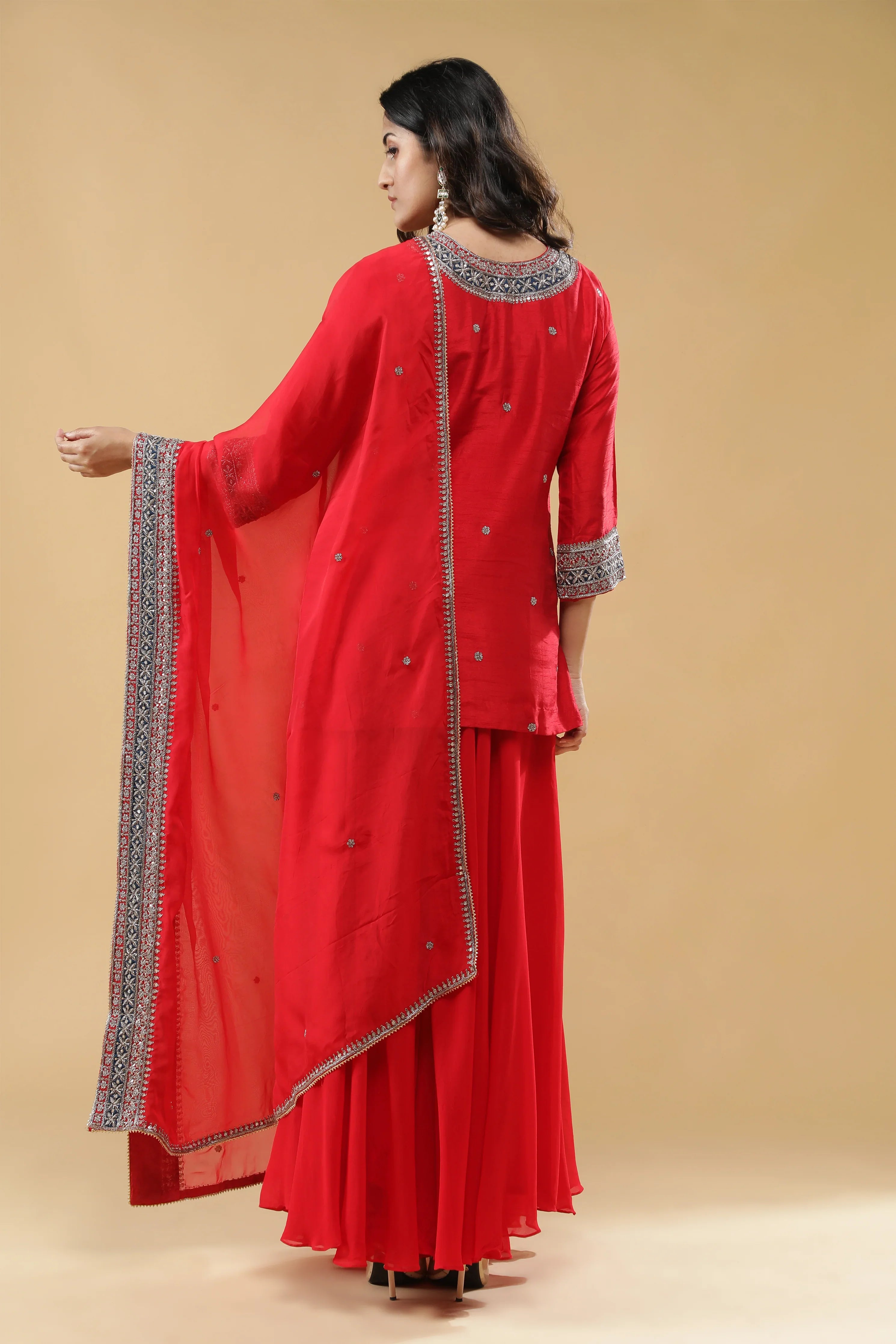 Red Raw Silk Sharara Set - Mokshaa