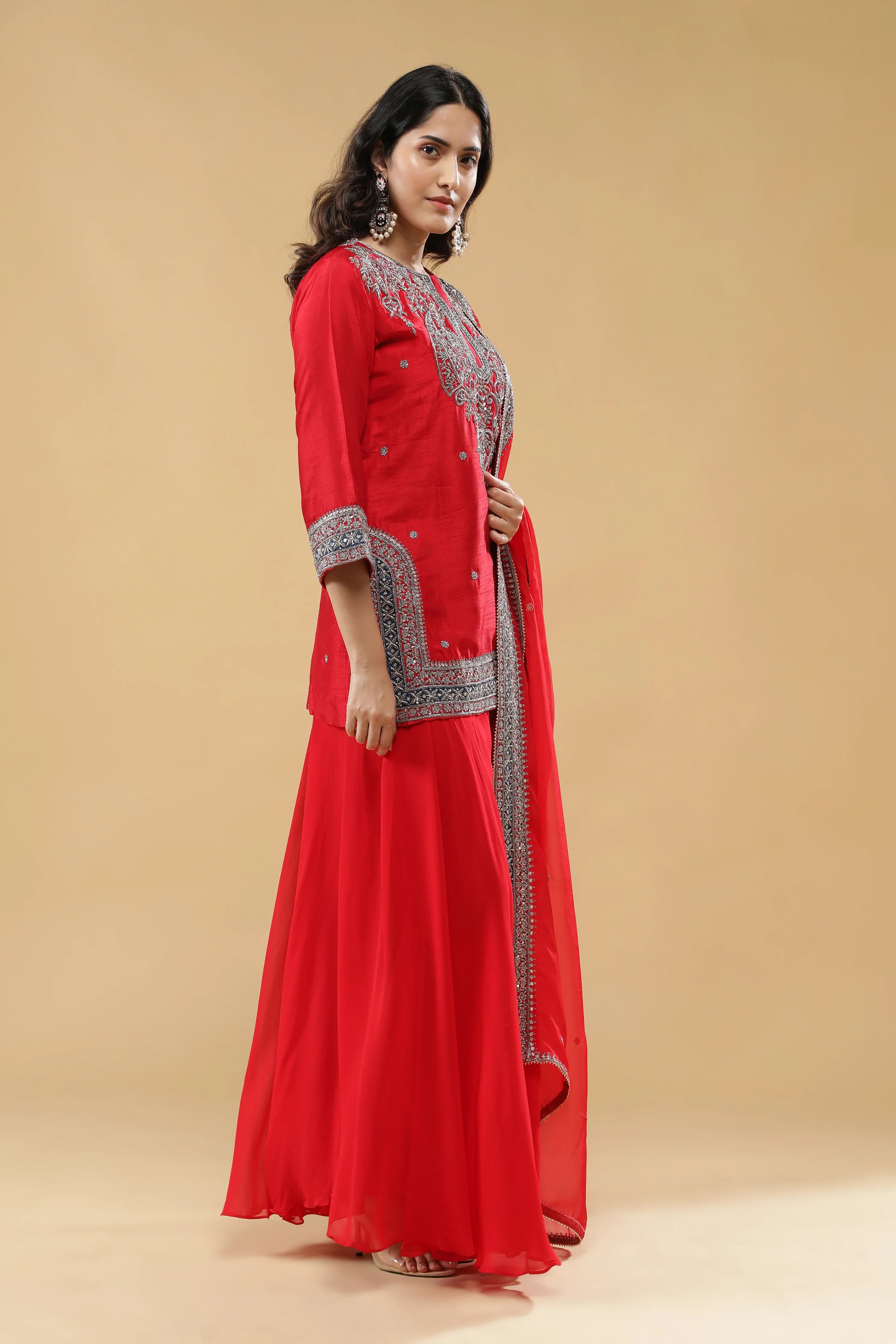 Red Raw Silk Sharara Set - Mokshaa