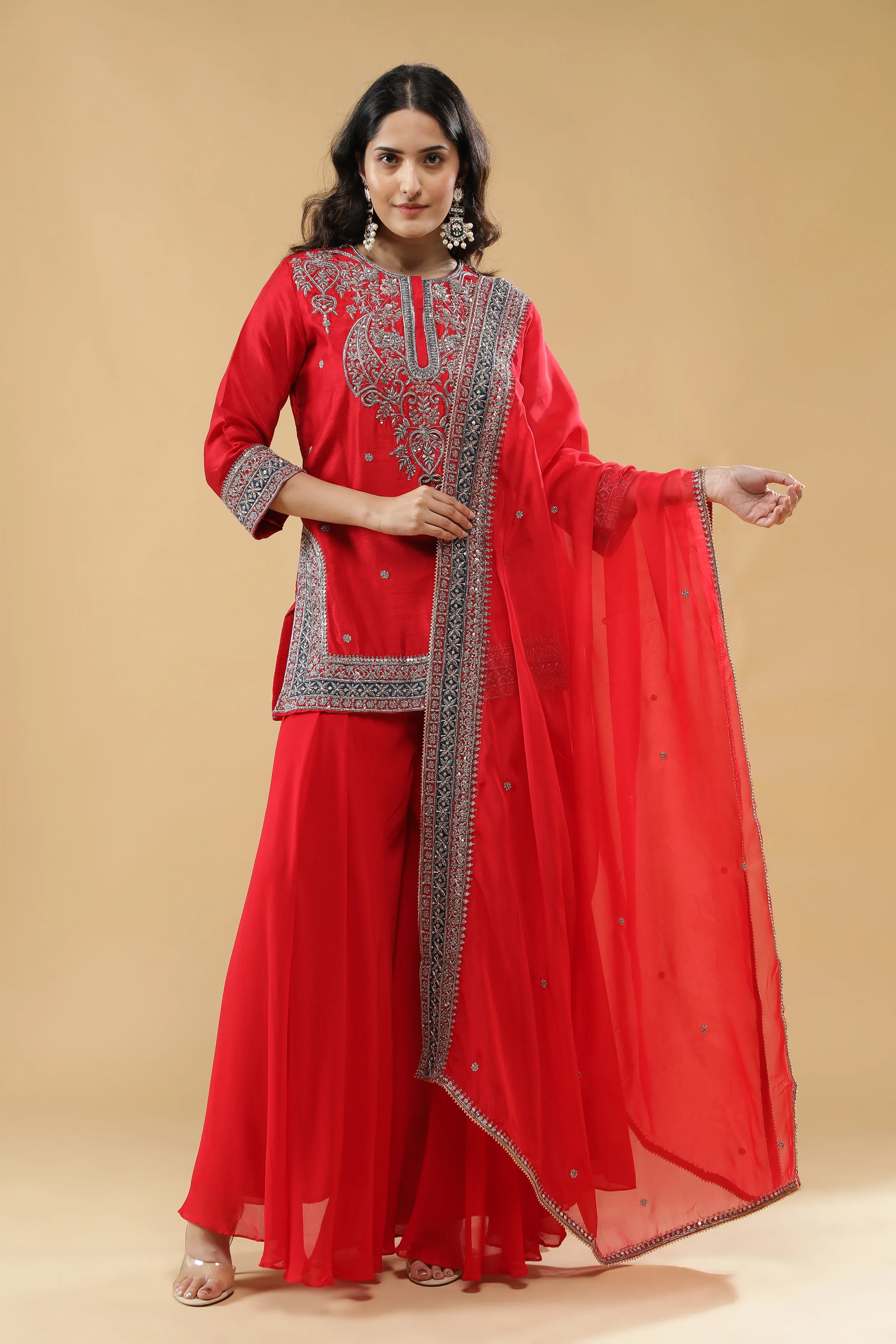 Red Raw Silk Sharara Set - Mokshaa