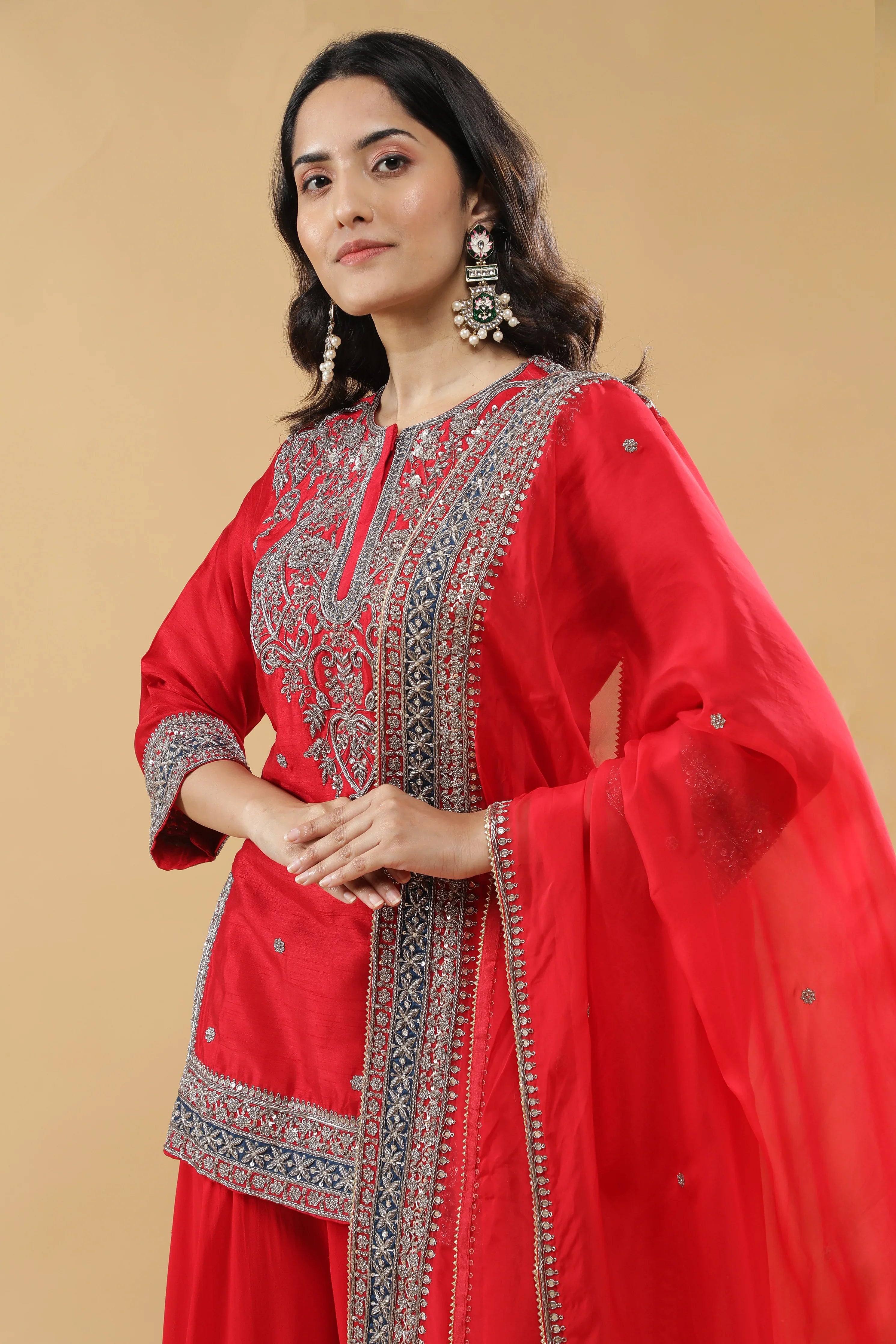 Red Raw Silk Sharara Set - Mokshaa
