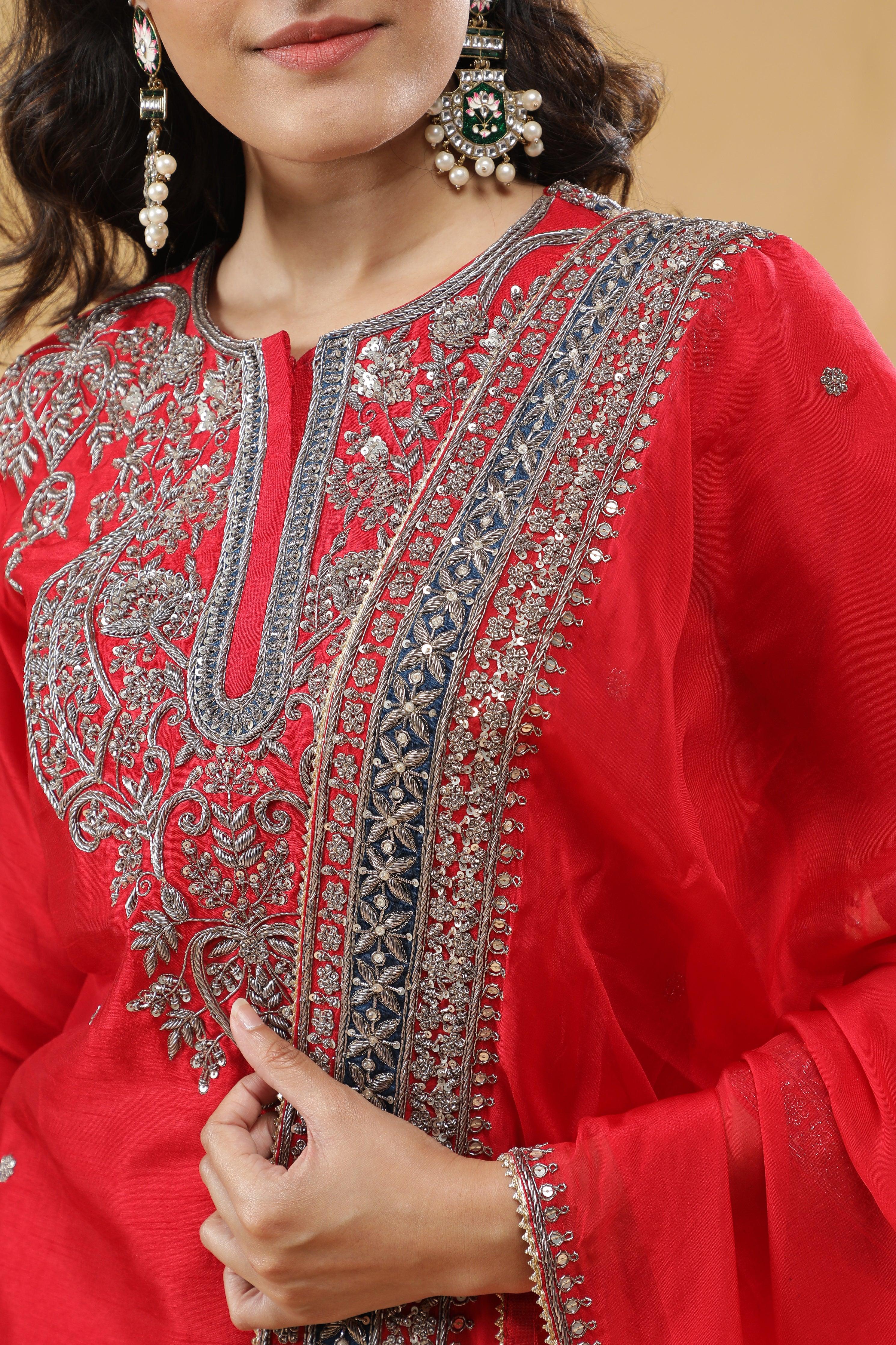 Red Raw Silk Sharara Set - Mokshaa