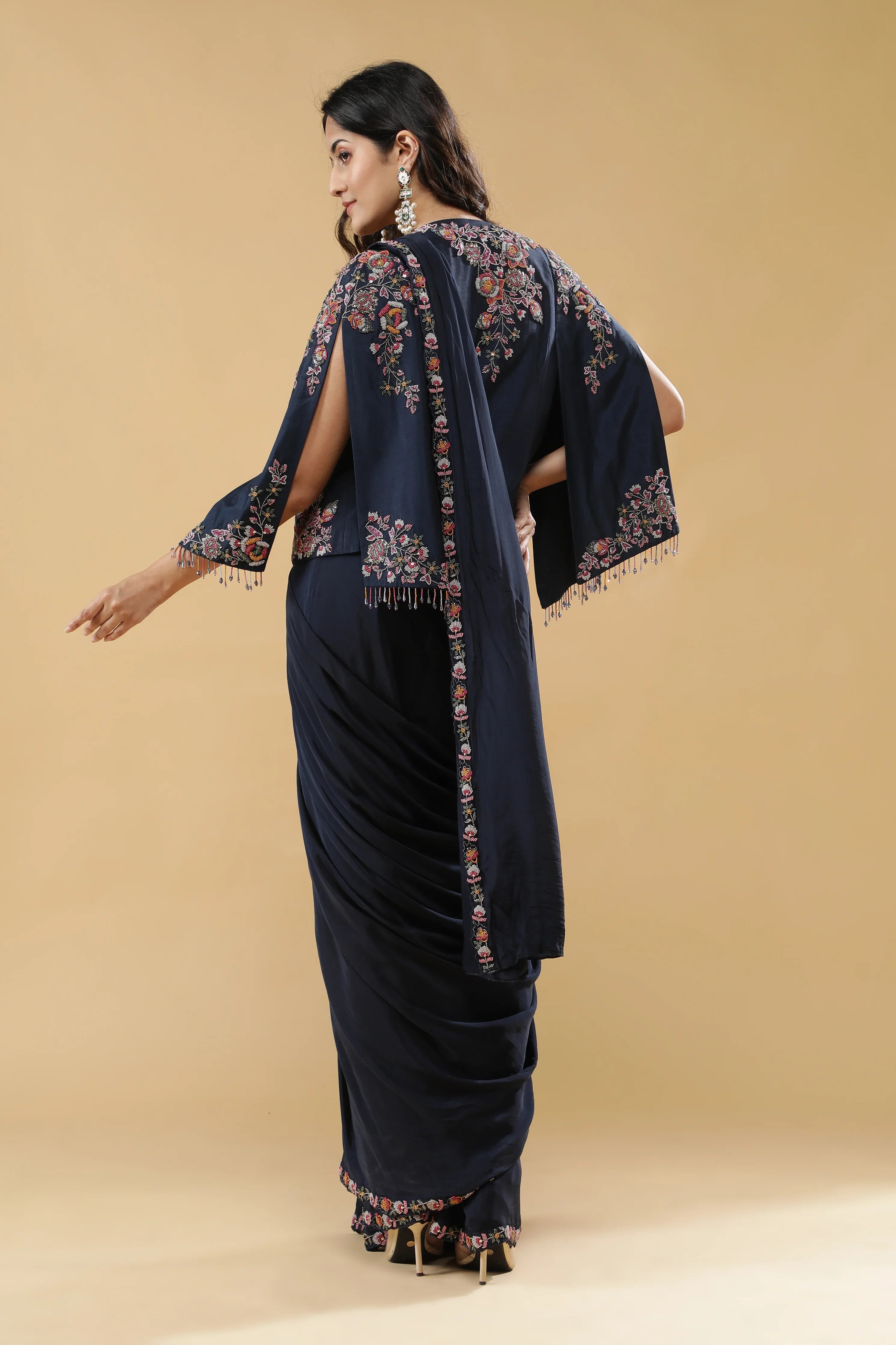 Navy Blue Lycra Drape Saree with Embroidered Silk Jacket - Mokshaa