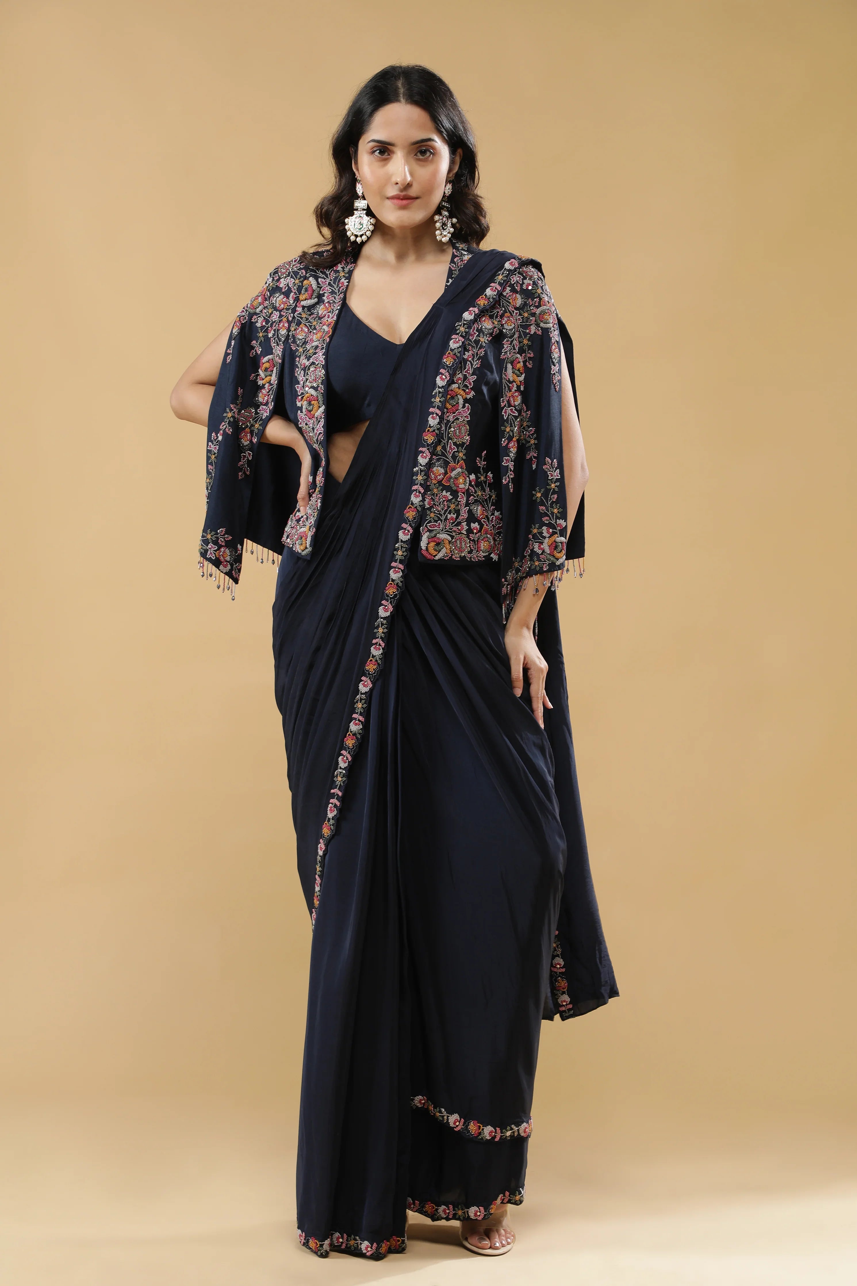 Navy Blue Lycra Drape Saree with Embroidered Silk Jacket - Mokshaa