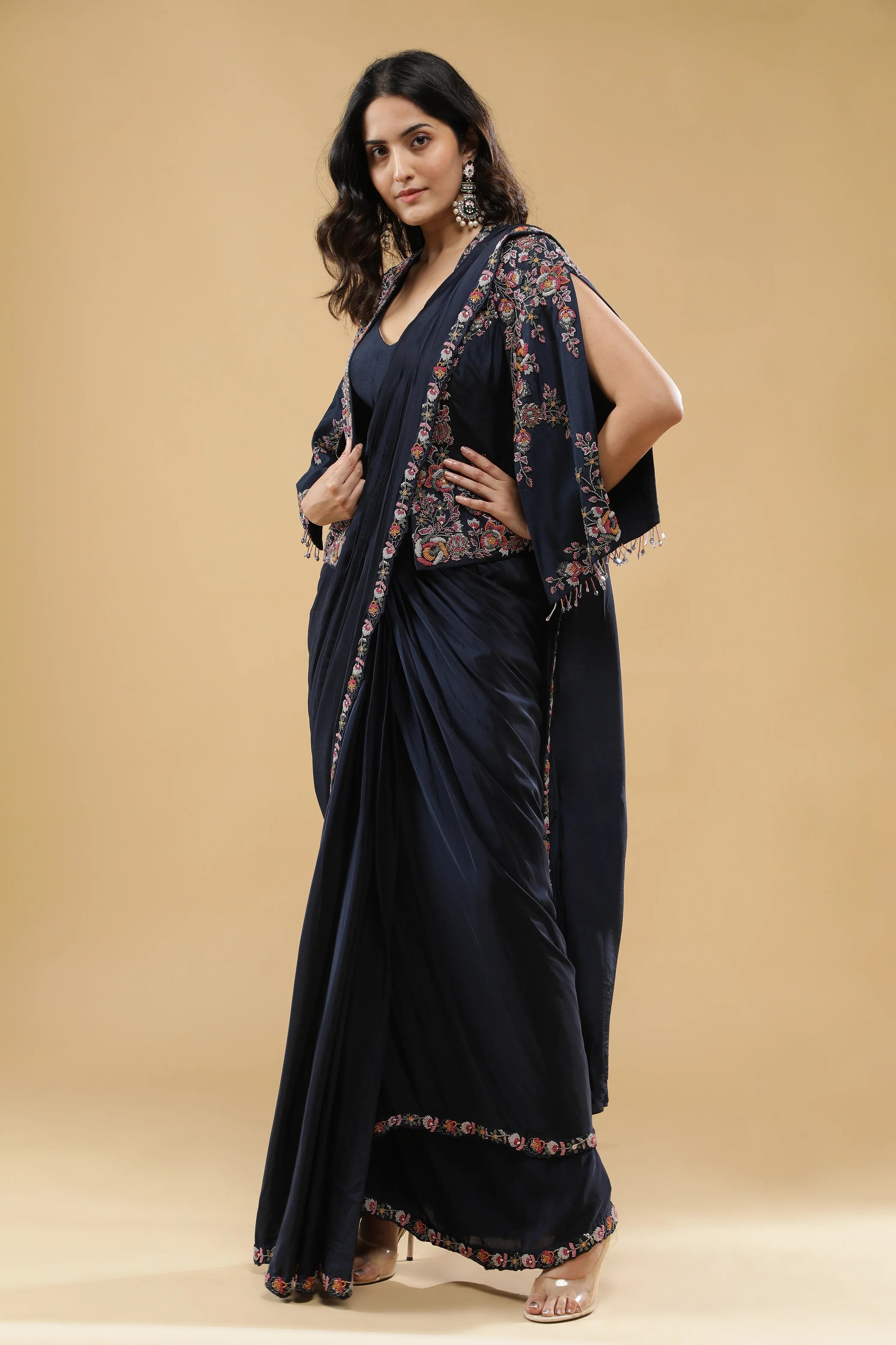 Navy Blue Lycra Drape Saree with Embroidered Silk Jacket - Mokshaa