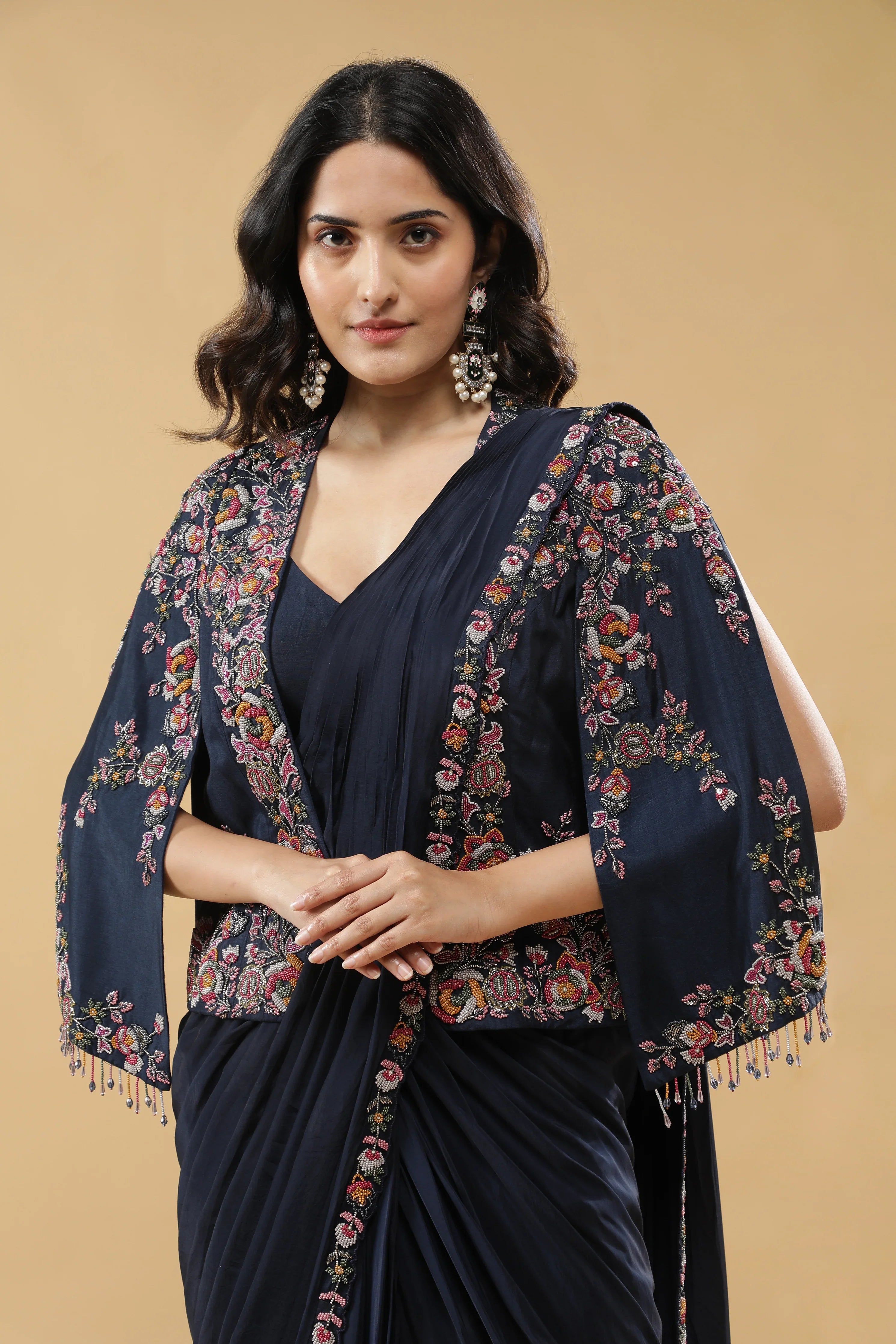 Navy Blue Lycra Drape Saree with Embroidered Silk Jacket - Mokshaa