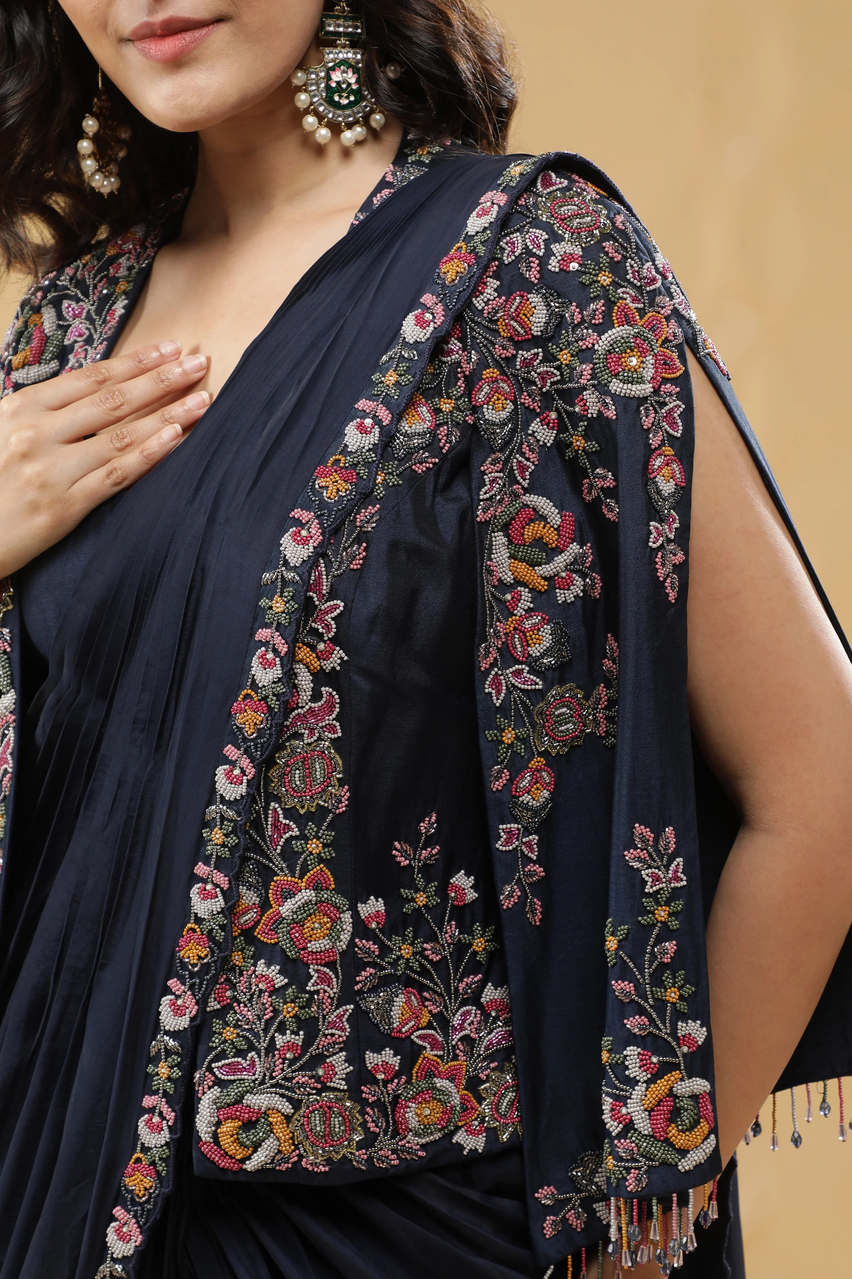 Navy Blue Lycra Drape Saree with Embroidered Silk Jacket - Mokshaa