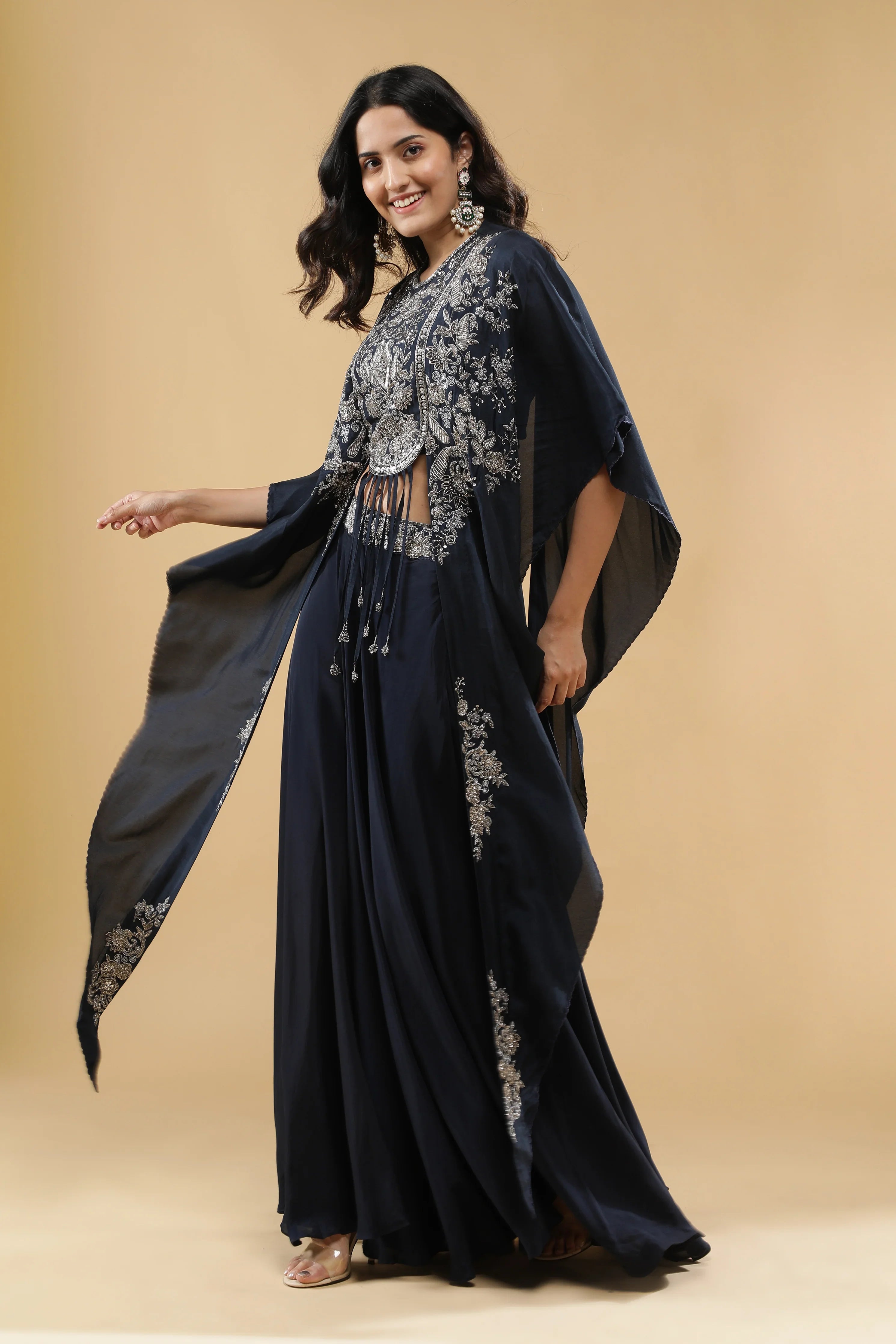 Navy Blue Crepe Silk Palazzo Set - Mokshaa
