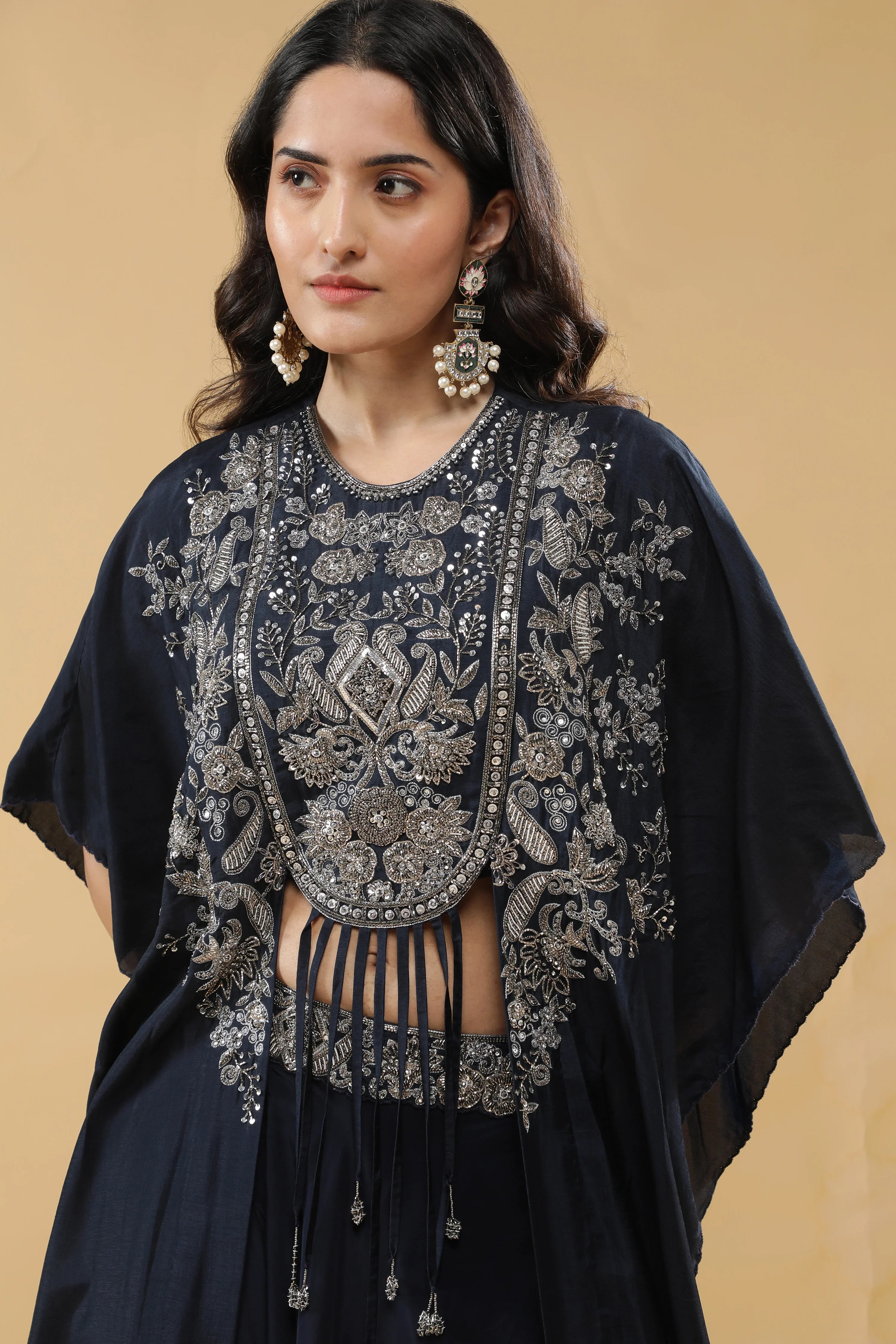 Navy Blue Crepe Silk Palazzo Set - Mokshaa