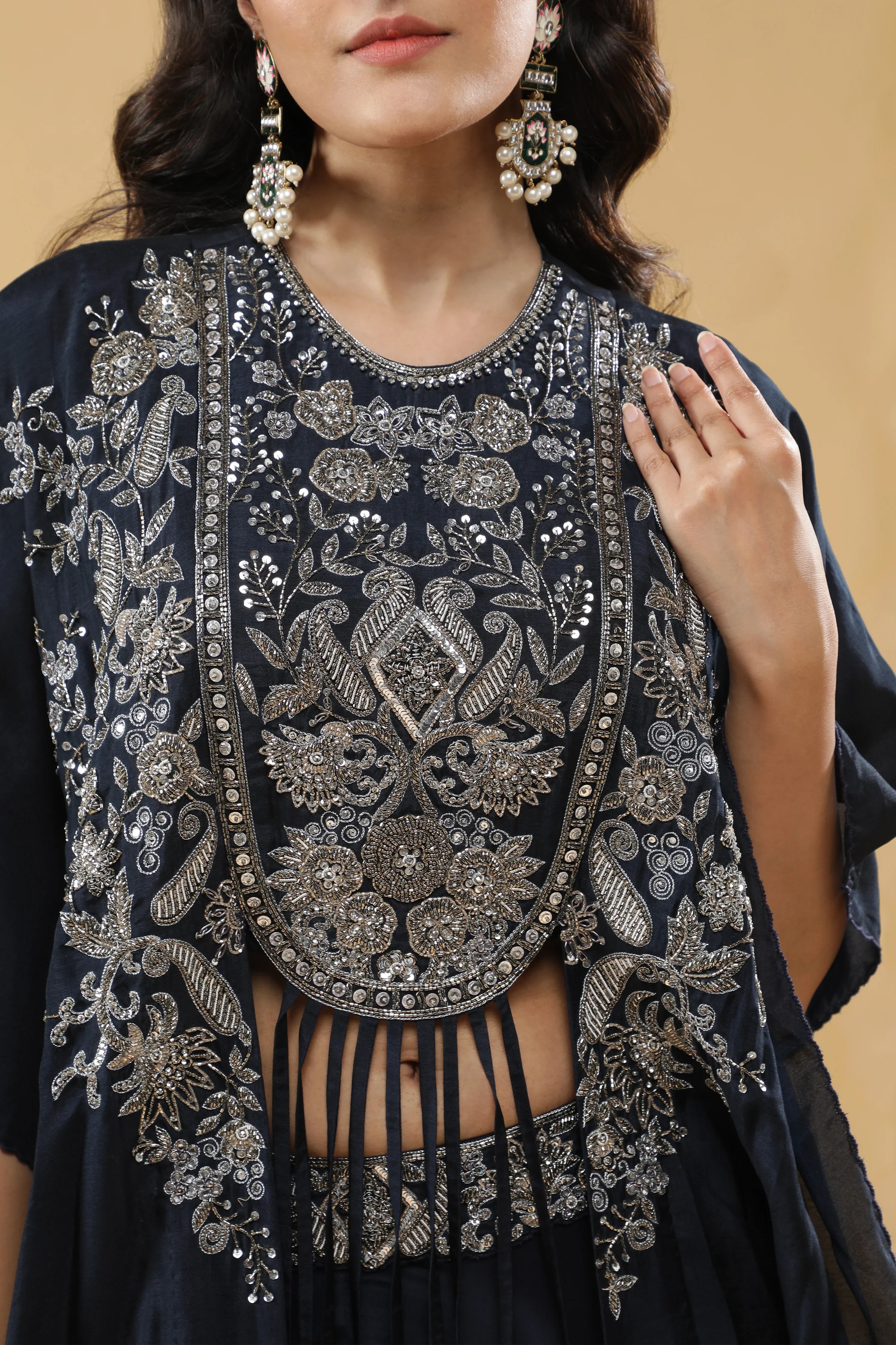 Navy Blue Crepe Silk Palazzo Set - Mokshaa