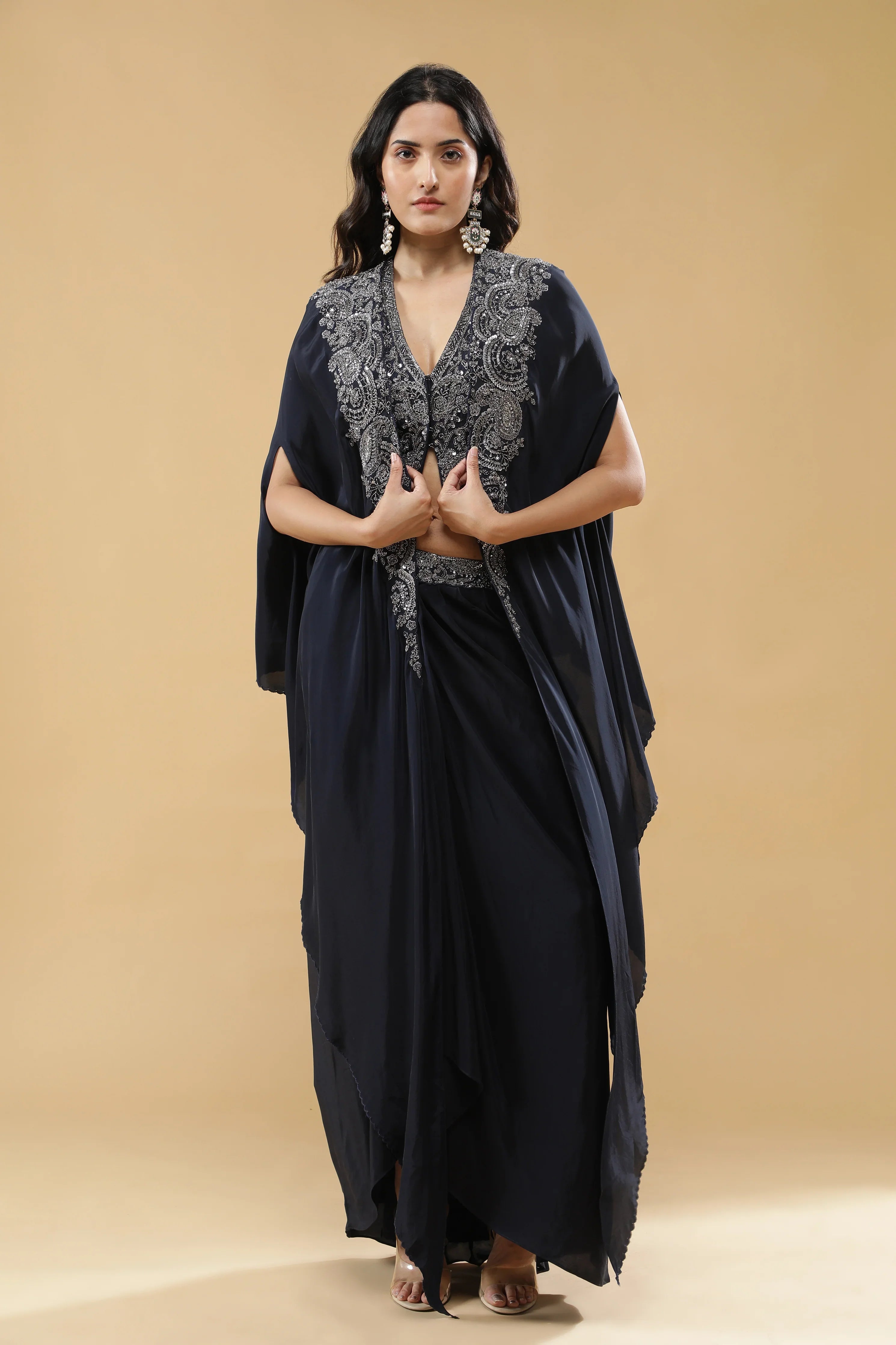 Navy Blue Crepe Silk Drape Skirt Set - Mokshaa