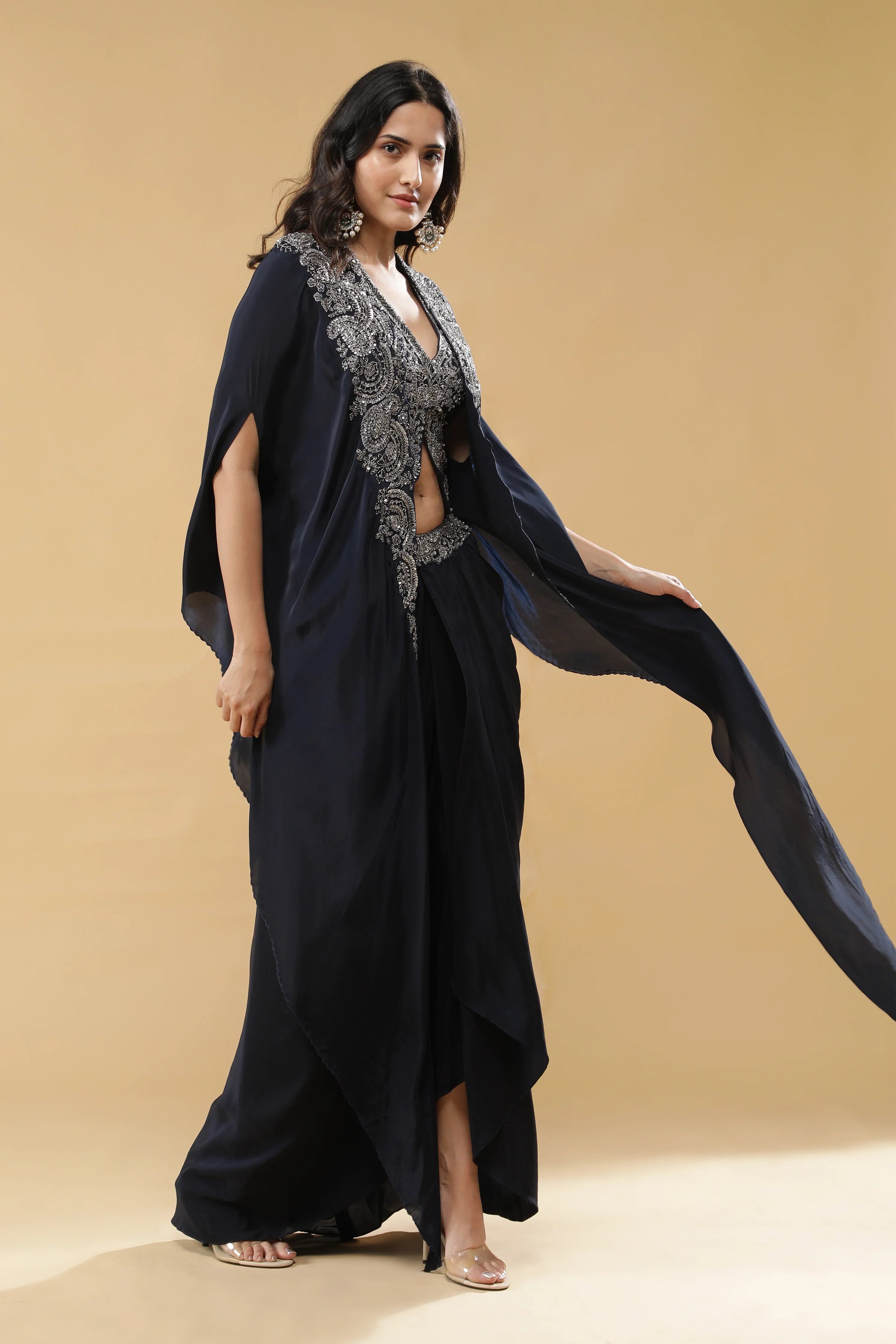 Navy Blue Crepe Silk Drape Skirt Set - Mokshaa