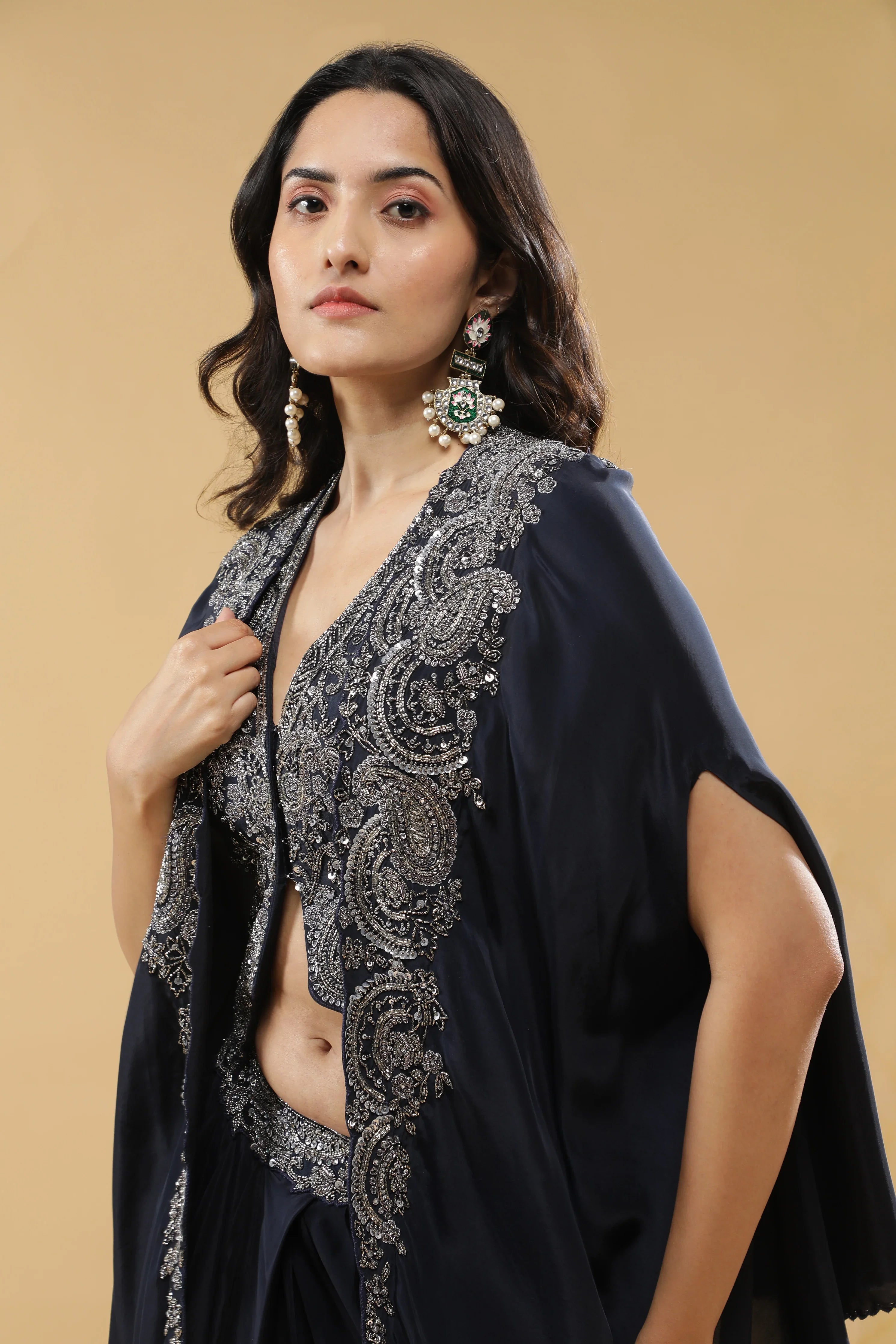 Navy Blue Crepe Silk Drape Skirt Set - Mokshaa