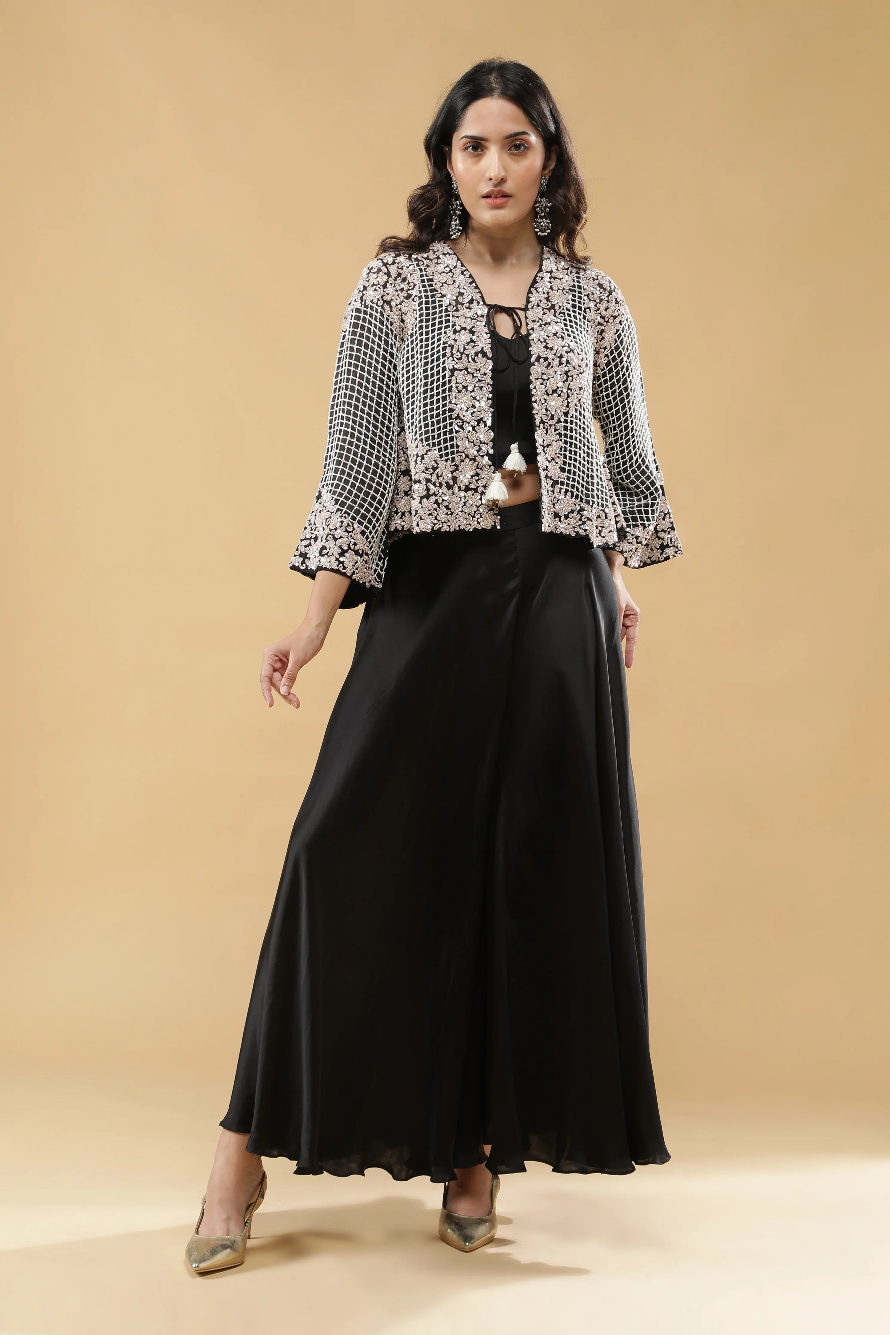 Black Satin Silk Palazzo Set - Mokshaa