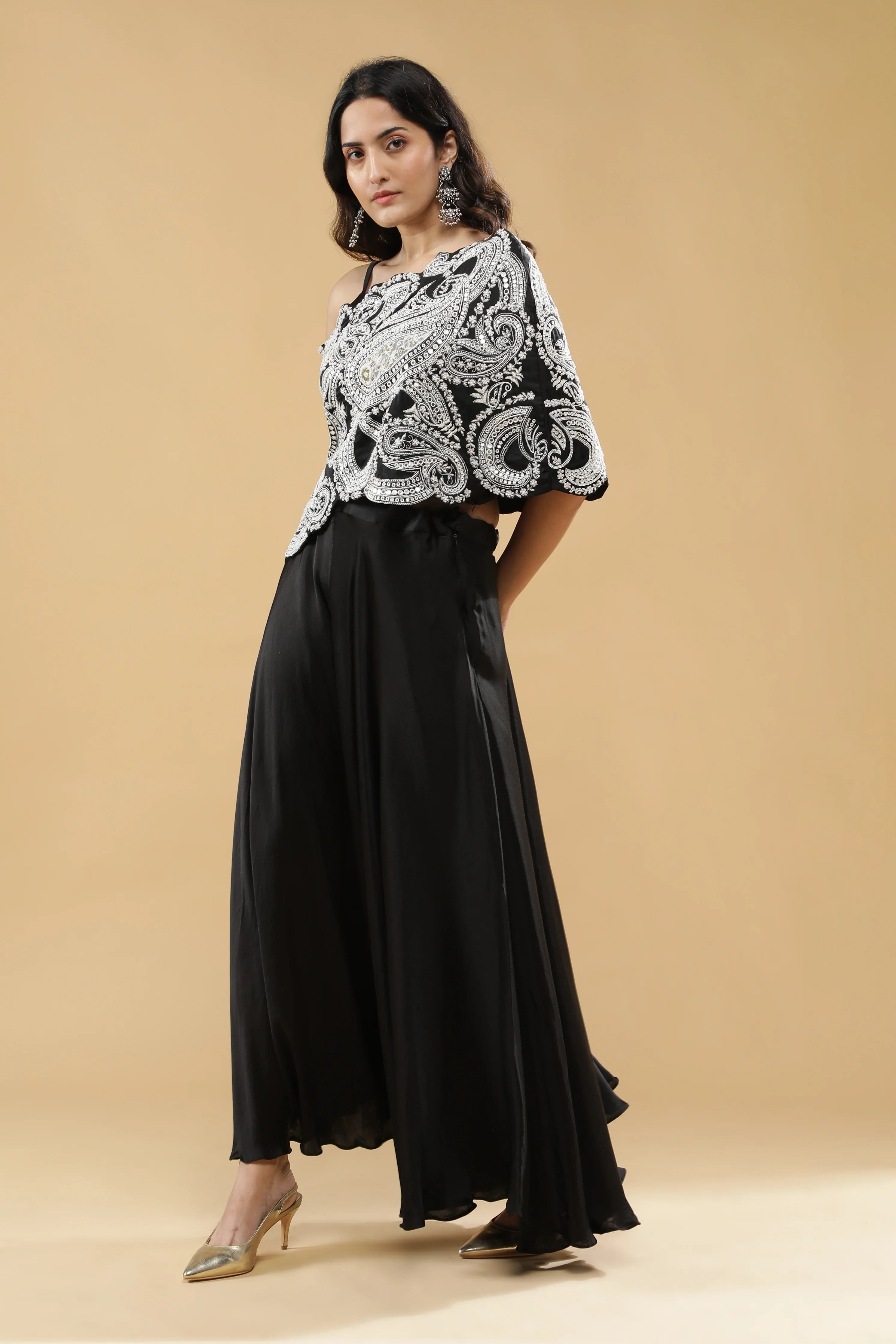 Black Satin Silk Indo-Western Set - Mokshaa