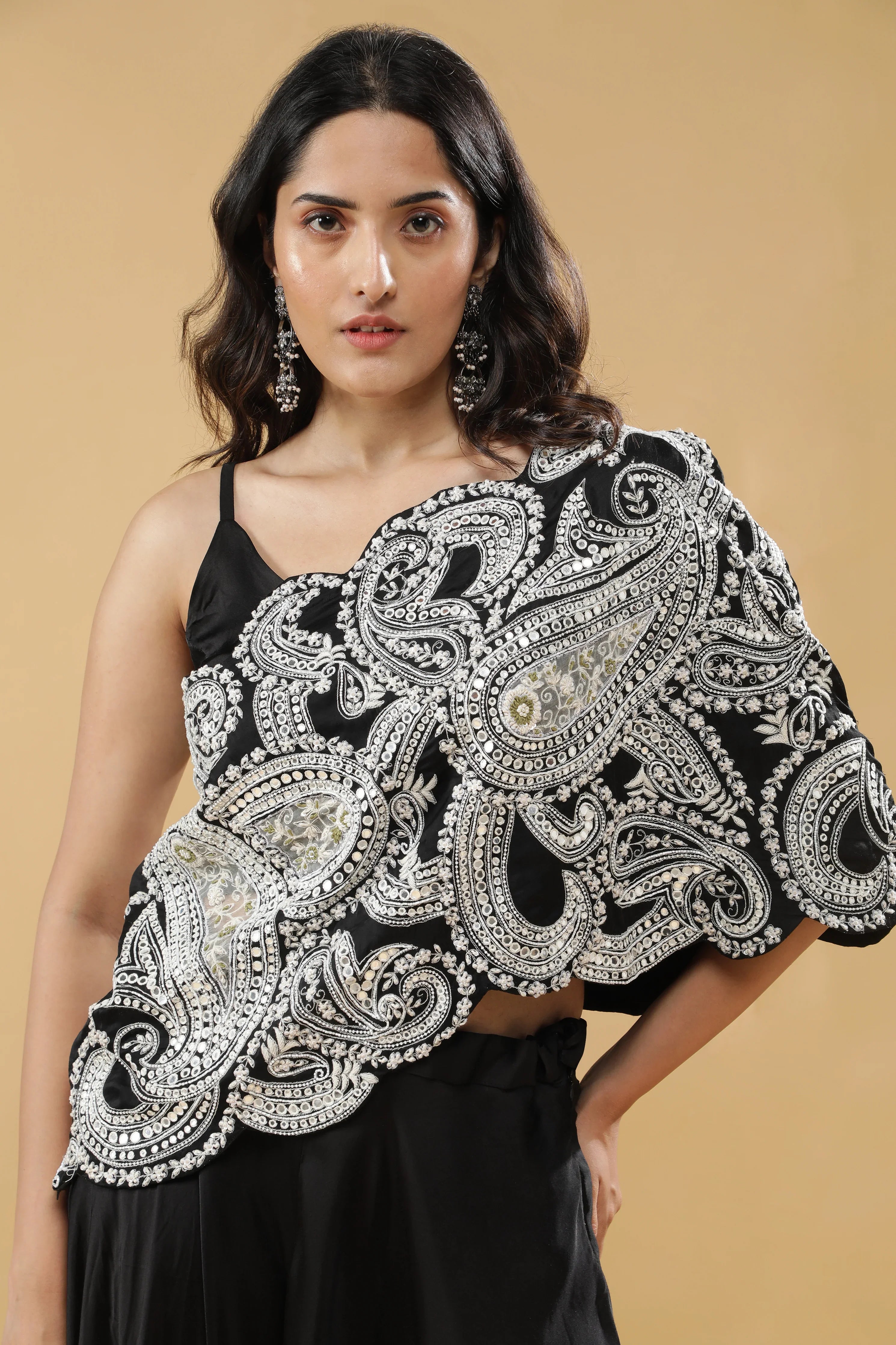Black Satin Silk Indo-Western Set - Mokshaa