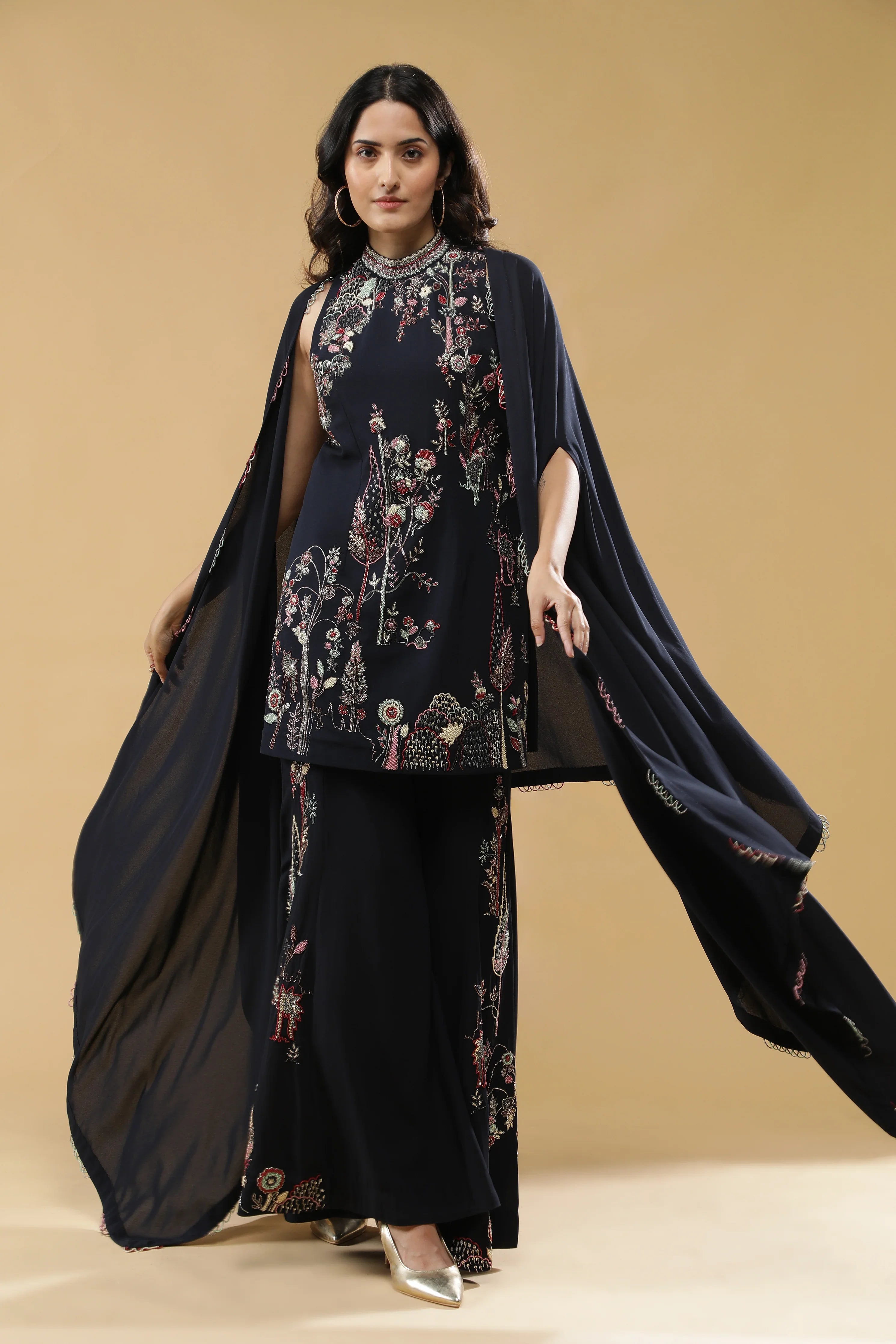 Navy Blue Georgette Sharara Set - Mokshaa