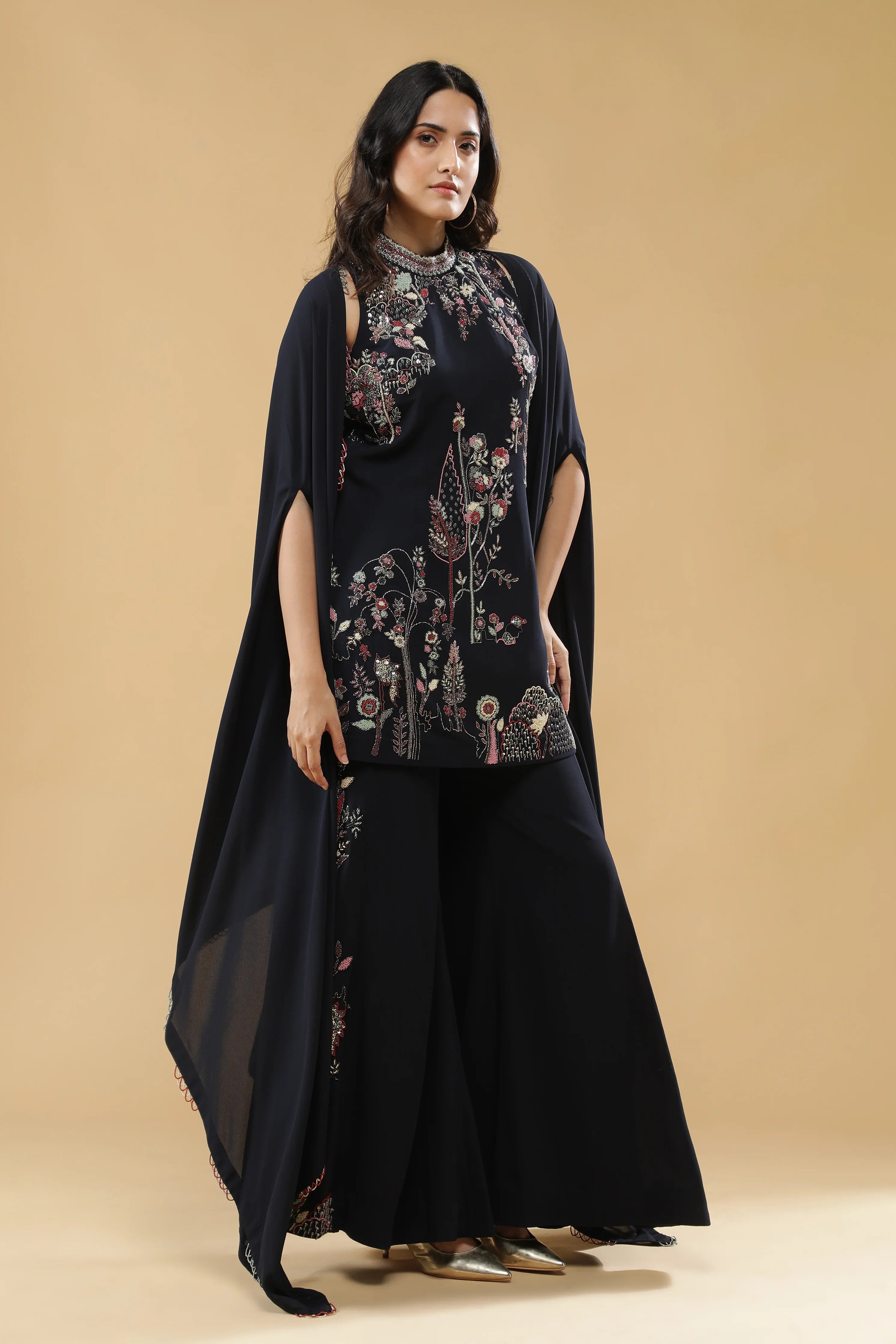 Navy Blue Georgette Sharara Set - Mokshaa
