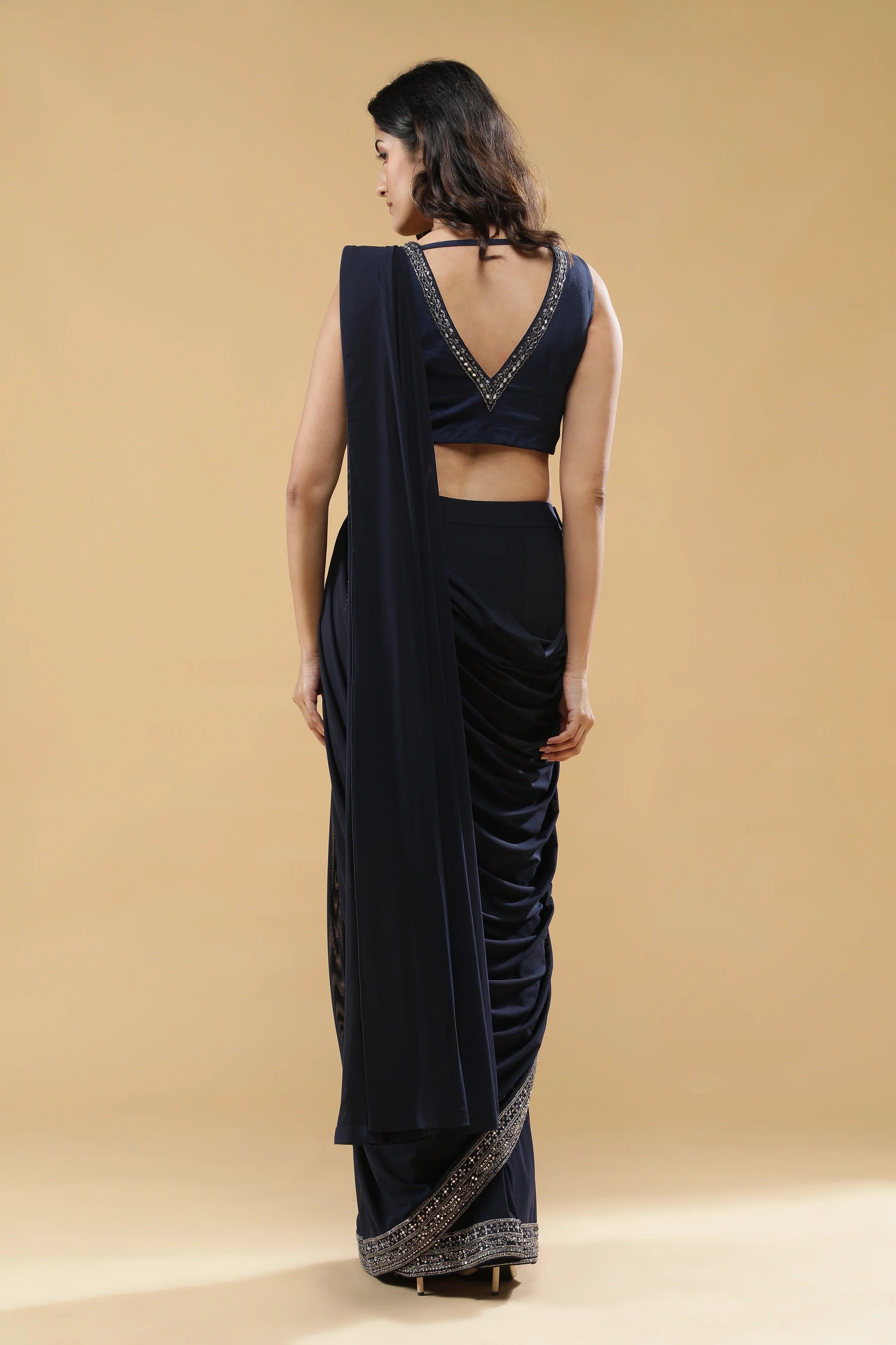 Navy Blue Drape Saree with Embroidered Silk Blouse - Mokshaa