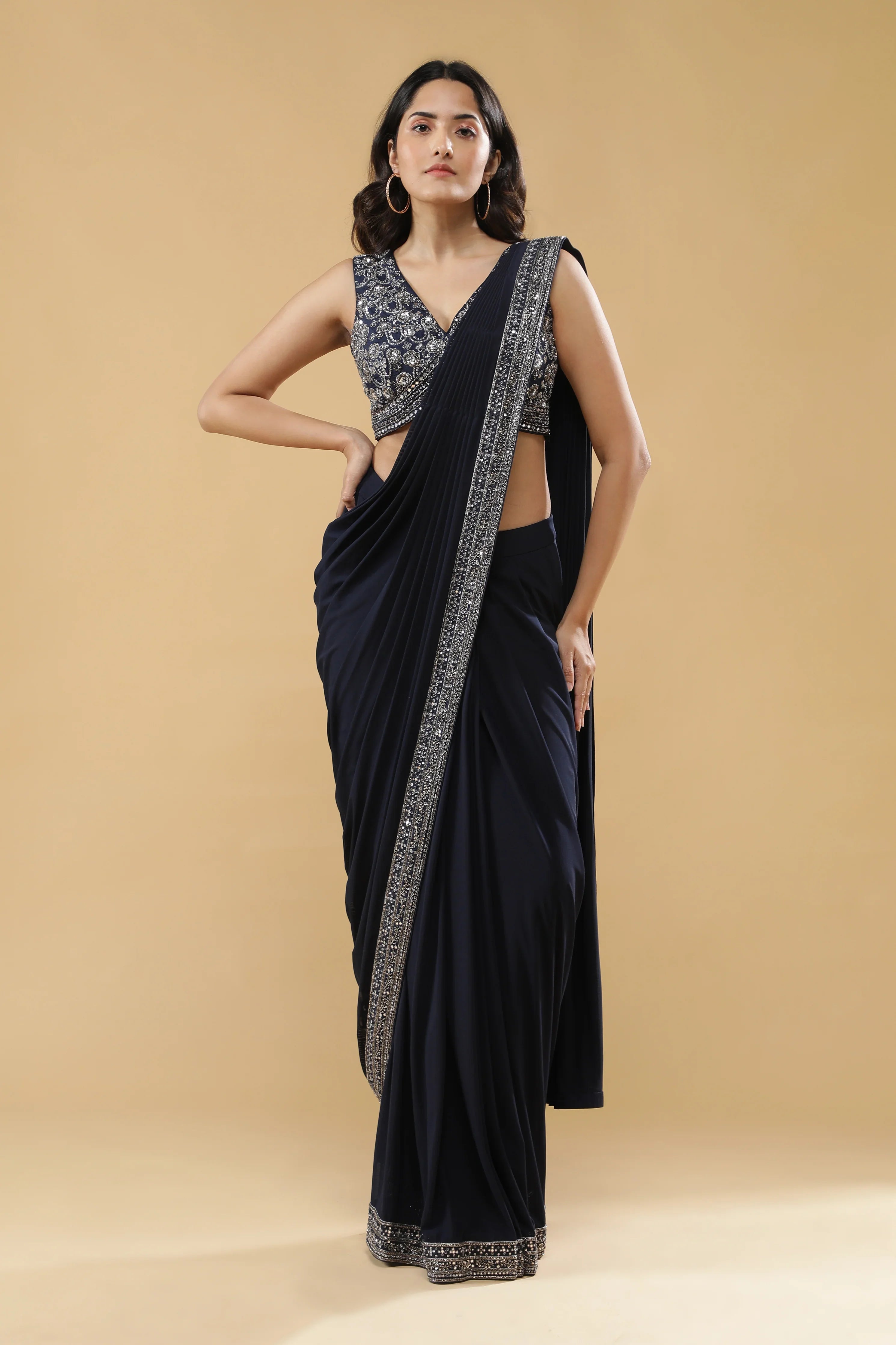 Navy Blue Drape Saree with Embroidered Silk Blouse - Mokshaa