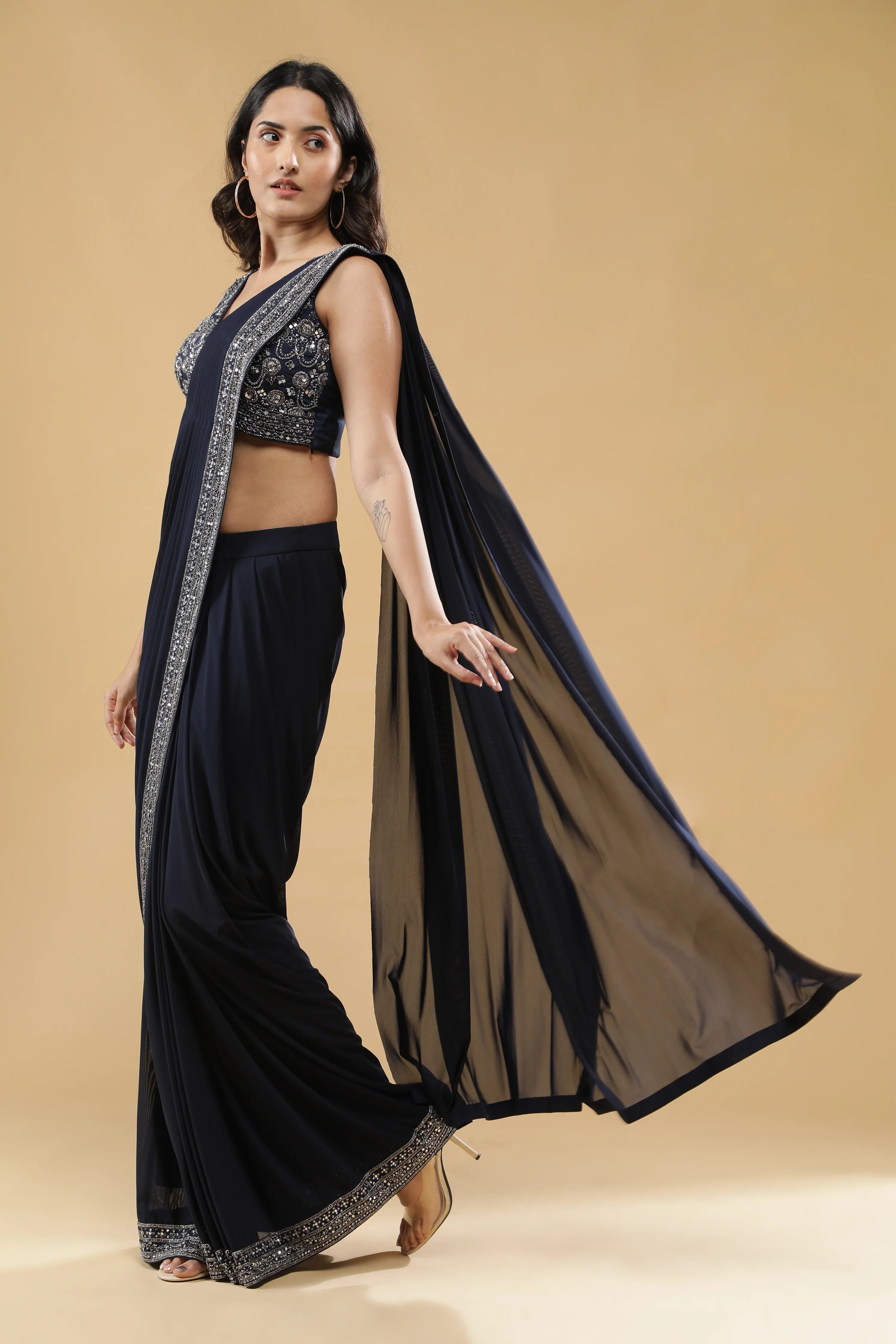 Navy Blue Drape Saree with Embroidered Silk Blouse - Mokshaa