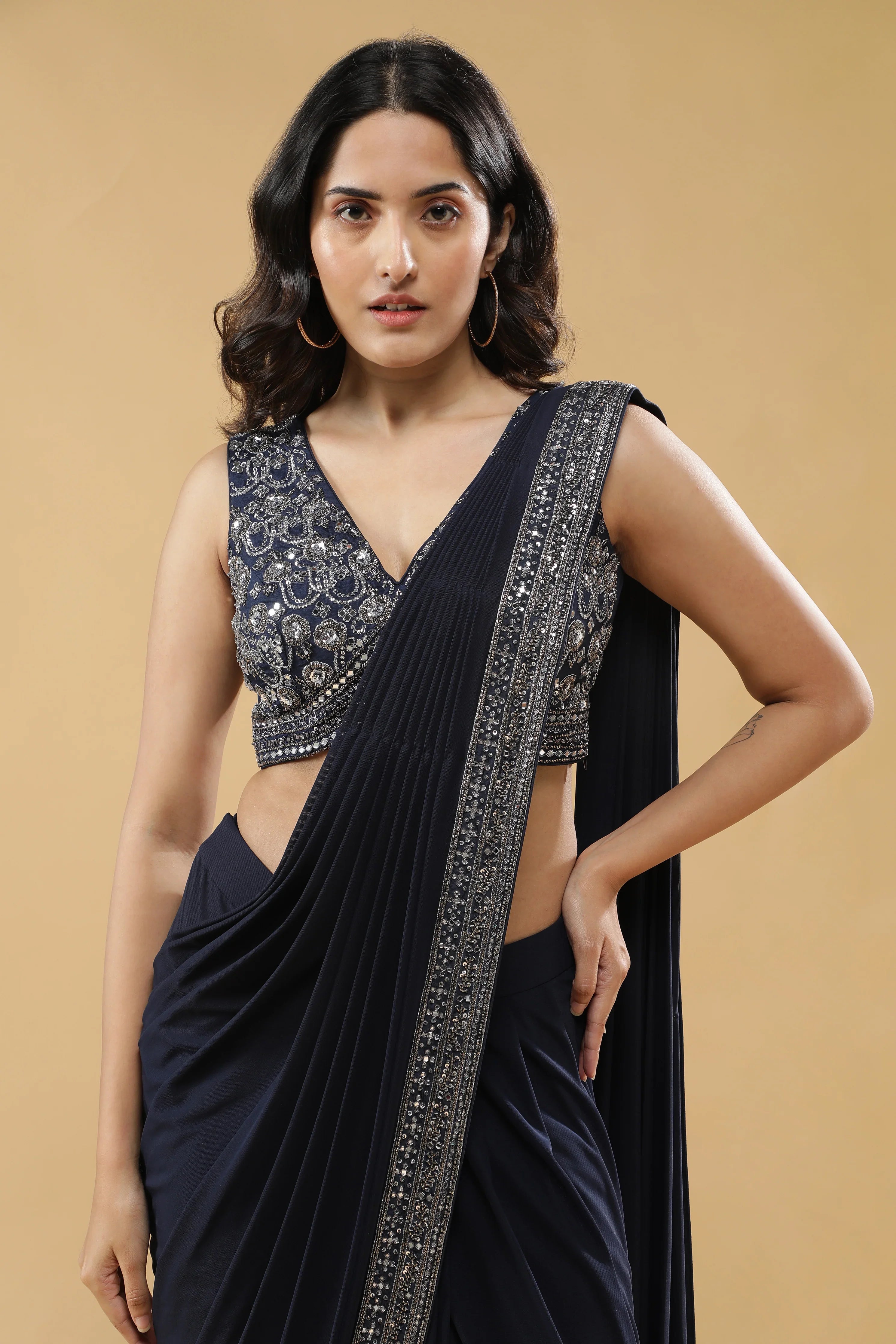Navy Blue Drape Saree with Embroidered Silk Blouse - Mokshaa