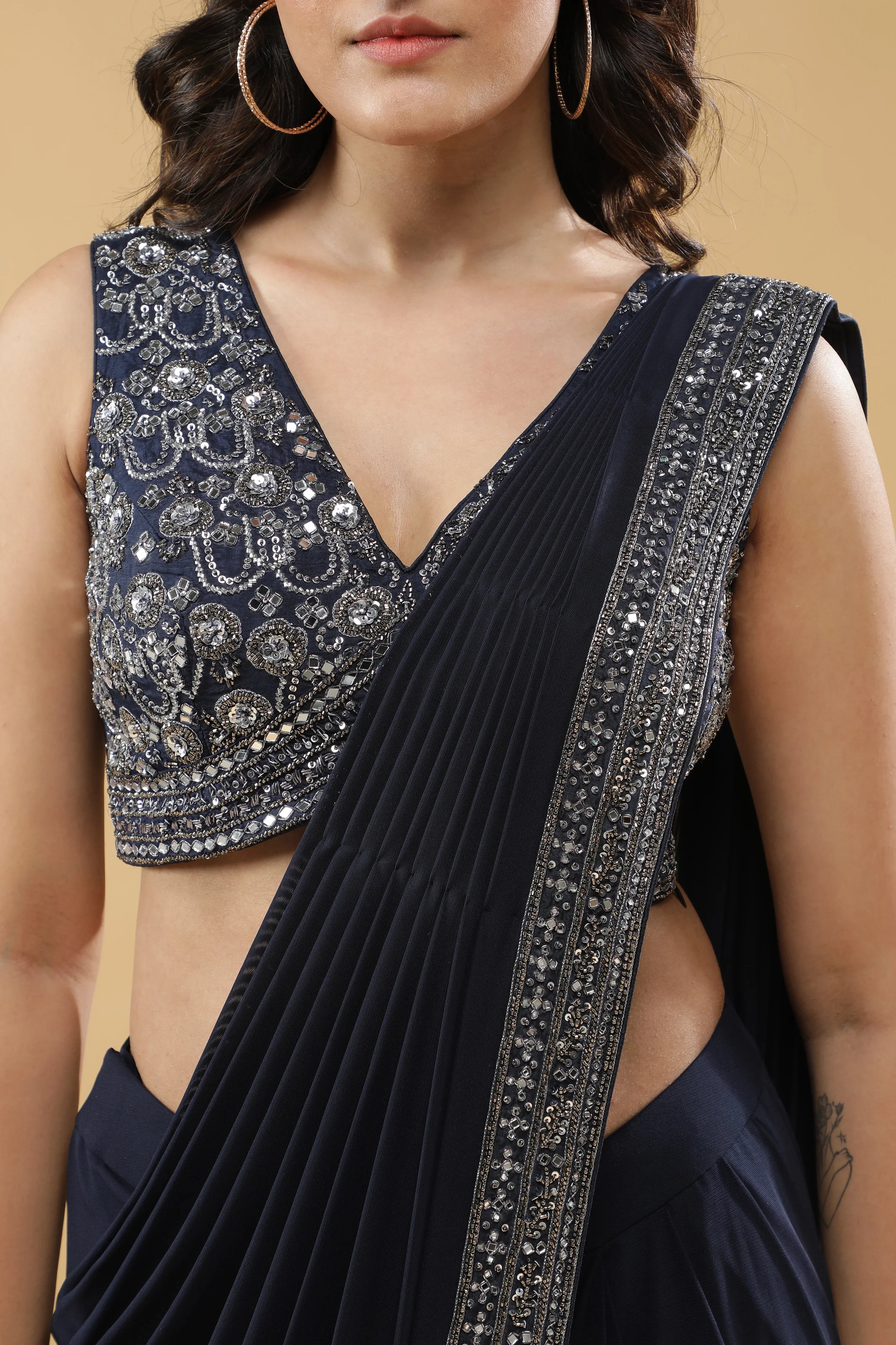 Navy Blue Drape Saree with Embroidered Silk Blouse - Mokshaa