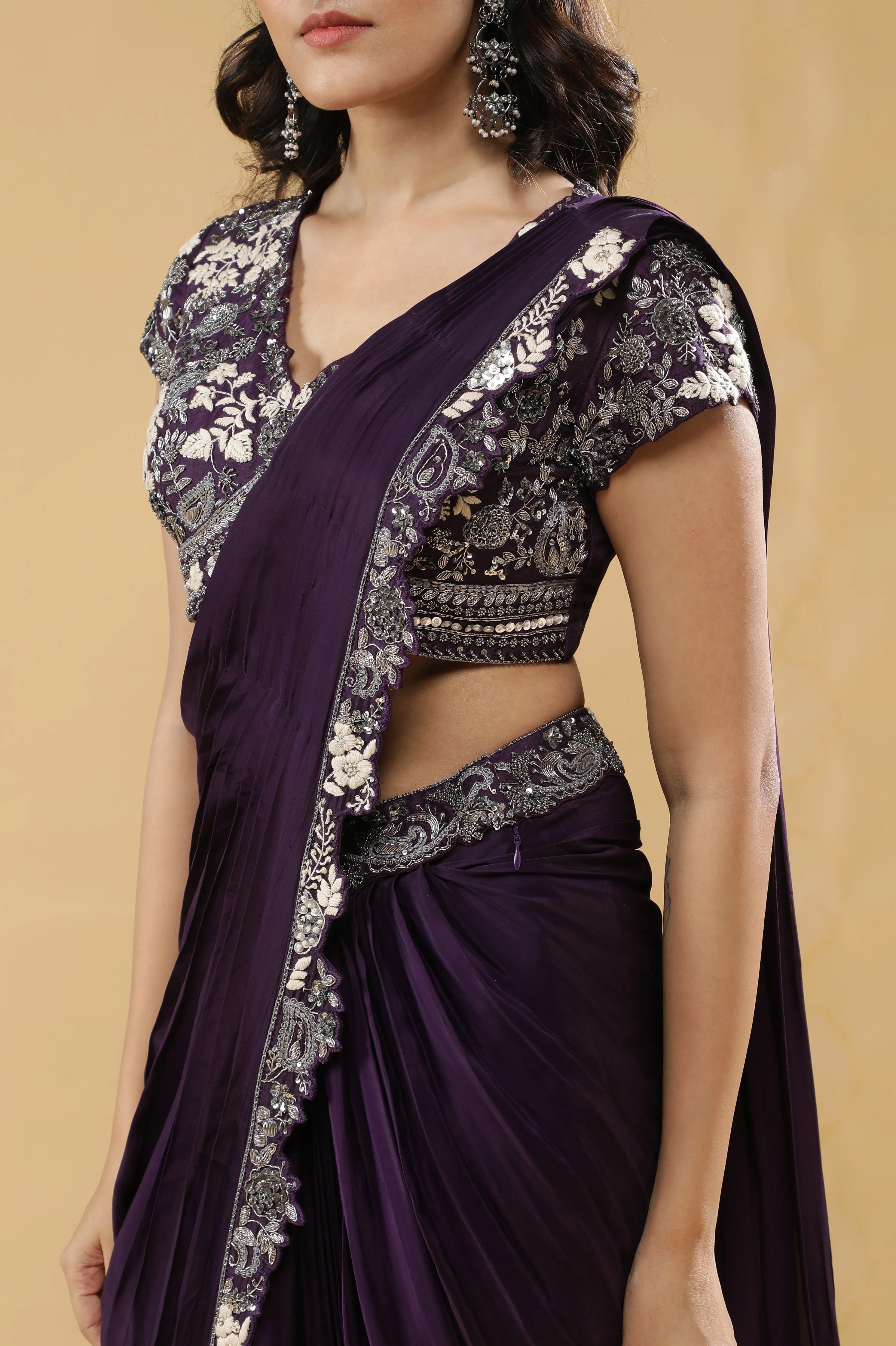 Purple Crepe Silk Drape Saree - Mokshaa