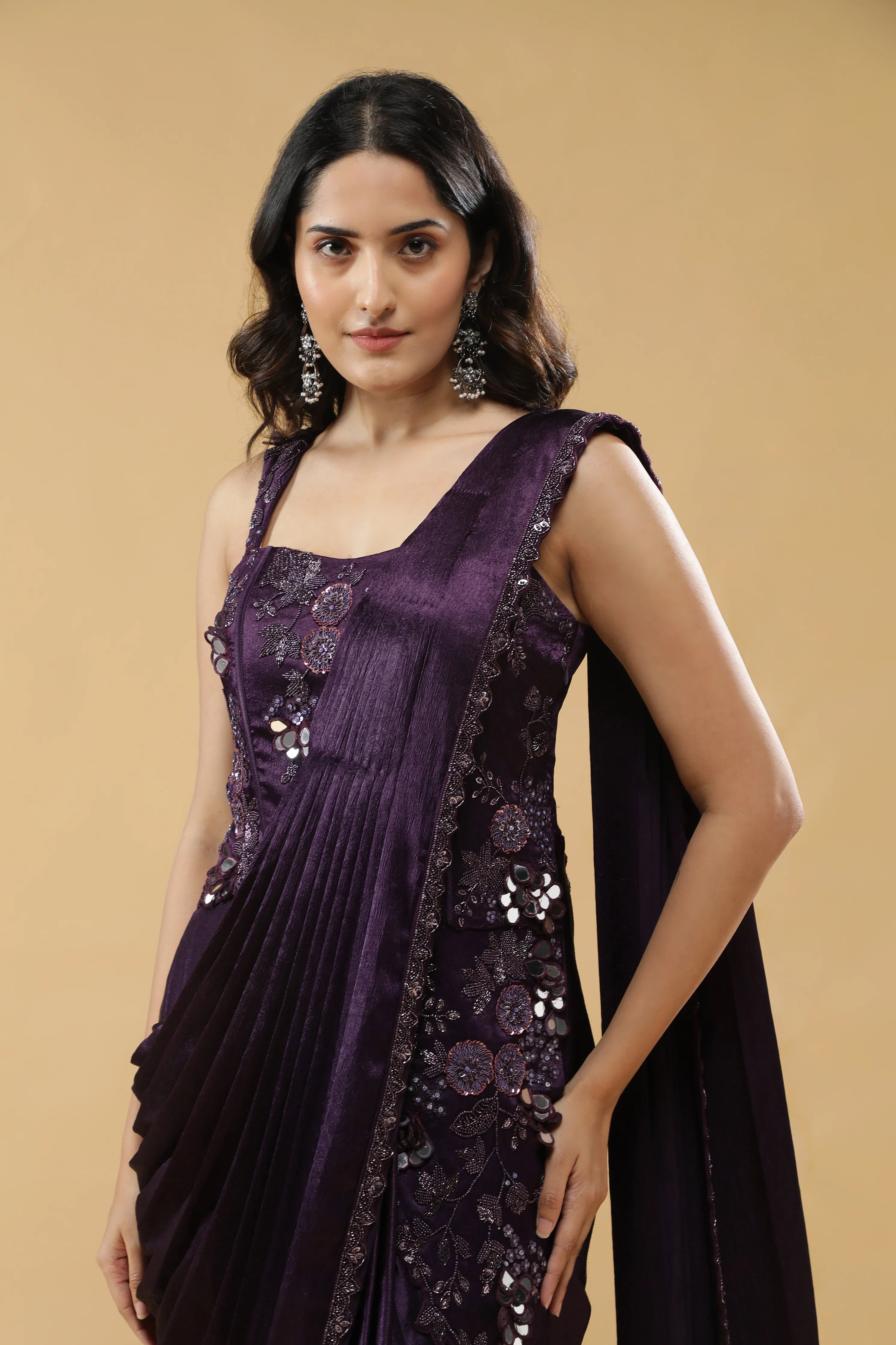 Deep Purple Silk Corset Gown with Embroidered Drape - Mokshaa