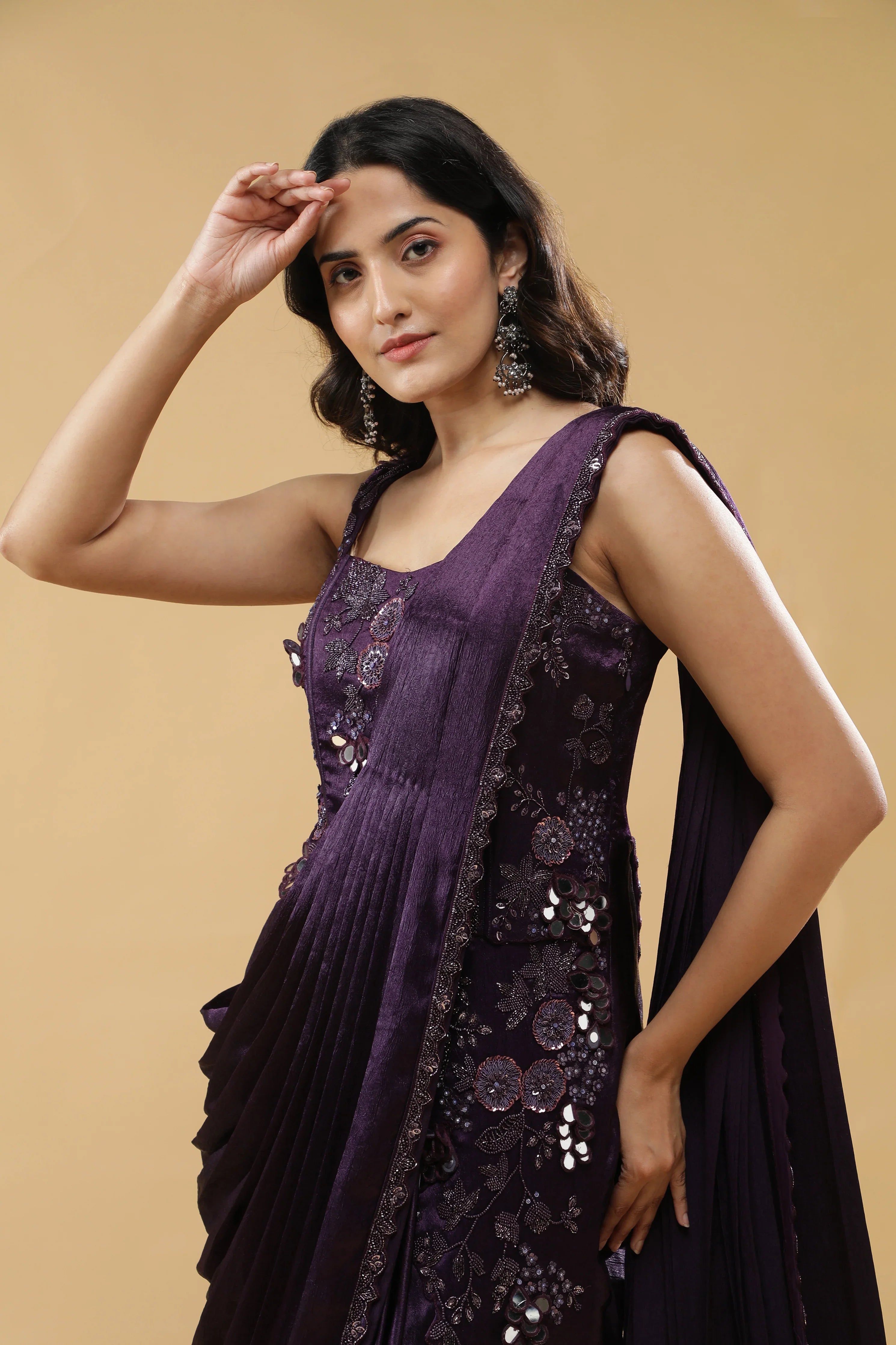Deep Purple Silk Corset Gown with Embroidered Drape - Mokshaa