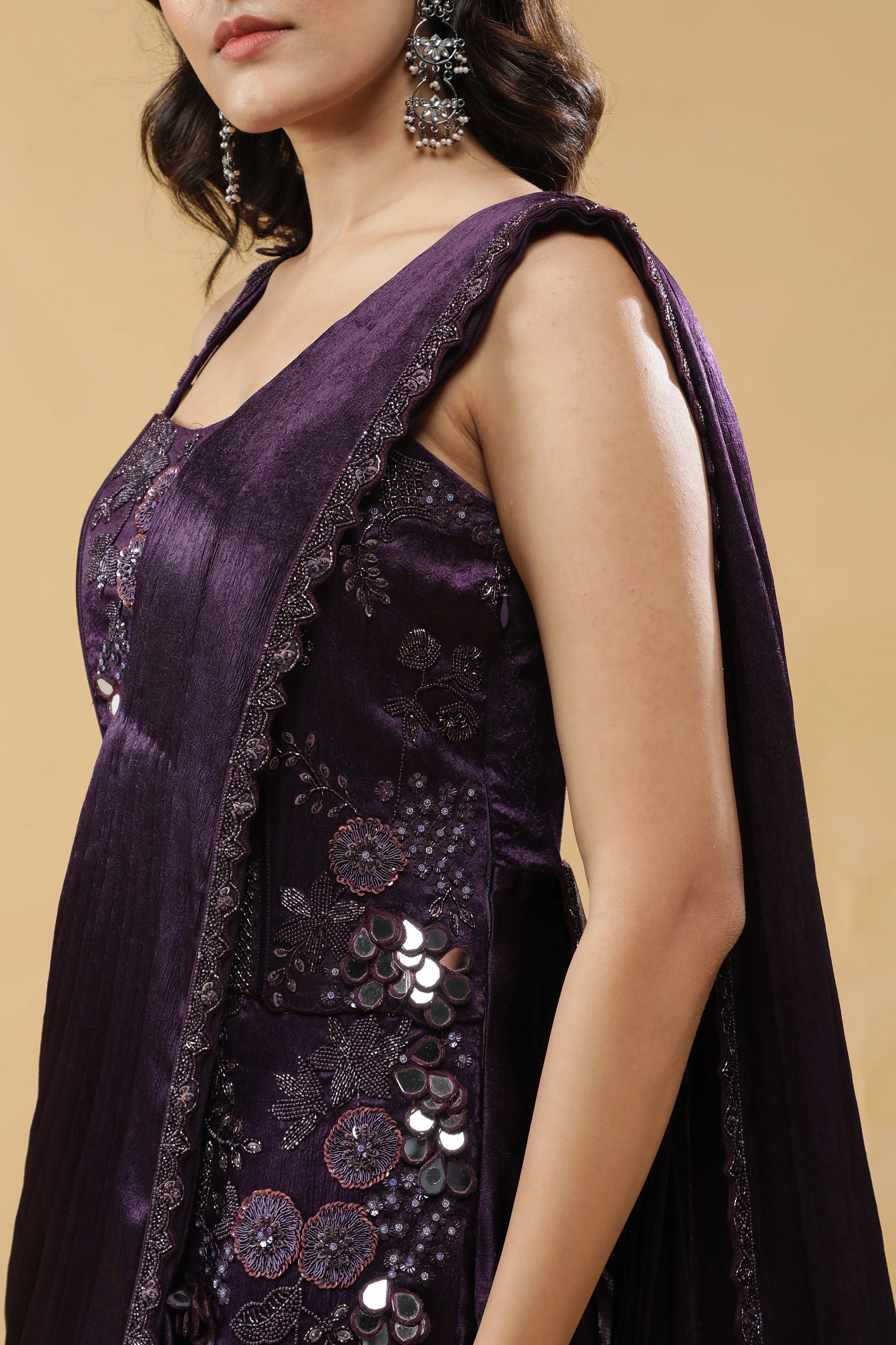 Deep Purple Silk Corset Gown with Embroidered Drape - Mokshaa