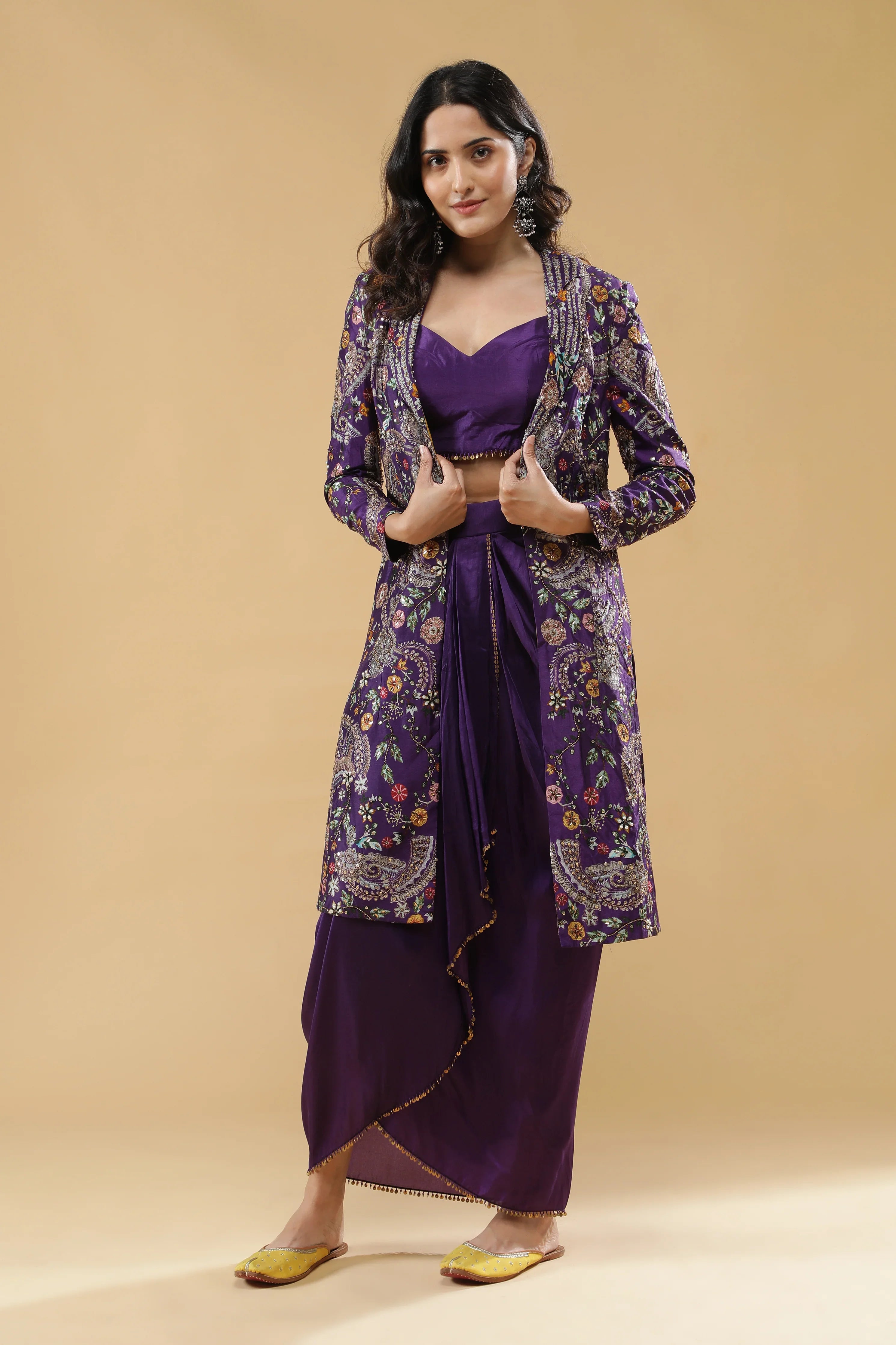 Purple Silk Drape Skirt Set - Mokshaa