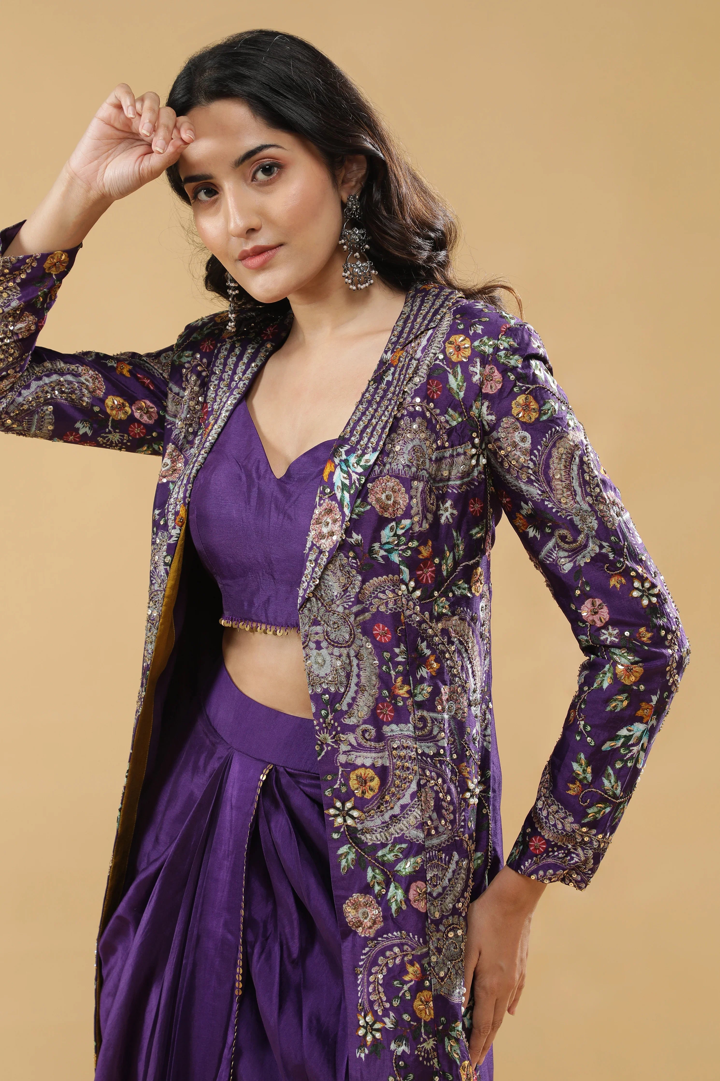 Purple Silk Drape Skirt Set - Mokshaa